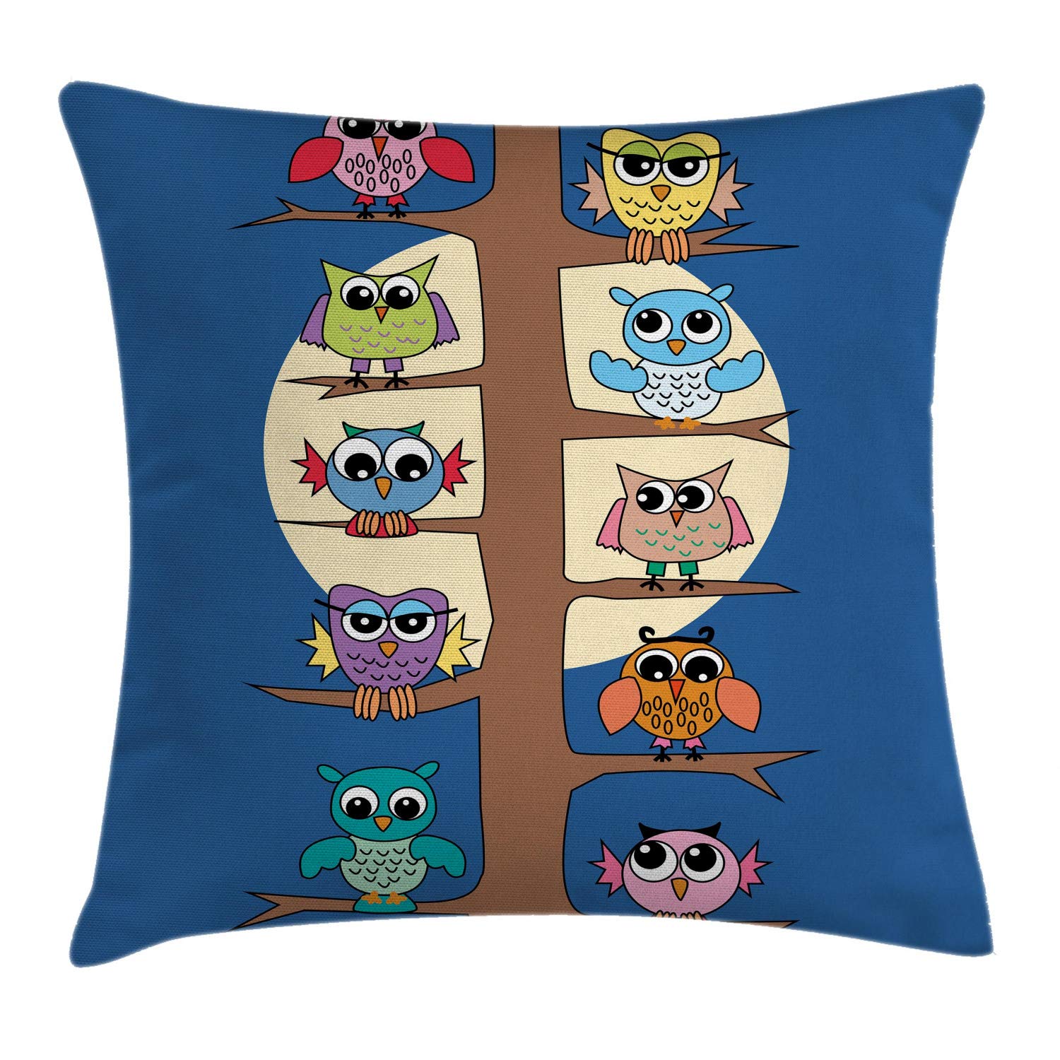 Lunarable Cartoon Throw Pillow Cushion Cover, Owls in Style Theme on Tree Night Full Moon Display Print, Decorative Square Accent Pillow Case, 28