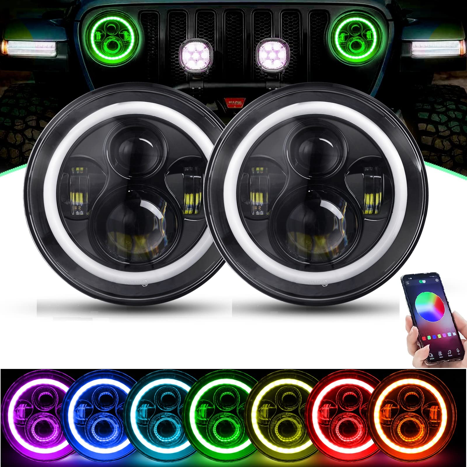 7" LED Headlights for Wrangler, 7 inch Round LED Headlight RGB with DRL Bluetooth Controll Compatible with Wrangler 1997-2017 TJ LJ JK JKU Unlimited Rubicon Sahara