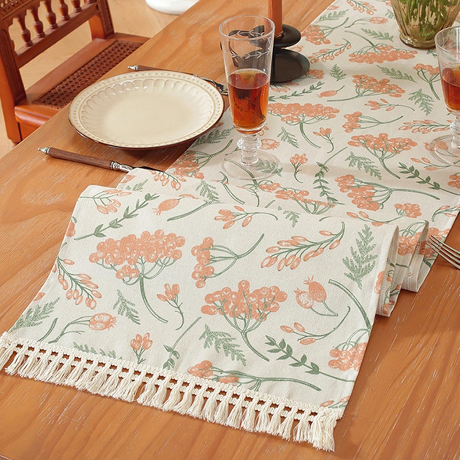 Tischläufer Polyester Modern, Tischläufer Hochzeit 35x350 cm, Leinenoptik mit Blumenmuster