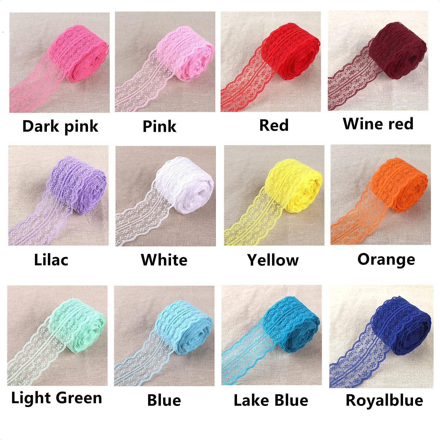 FQTANJU 12 Rolls 60 Yards Lace Ribbon Mixed Color Floral Pattern Fabric by The Roll , for Bridal Wedding Decorations , Invitation Cards, Hair Bow Making, DIY Sewing, Gift Wrapping, 1-3/4 Inch Wide
