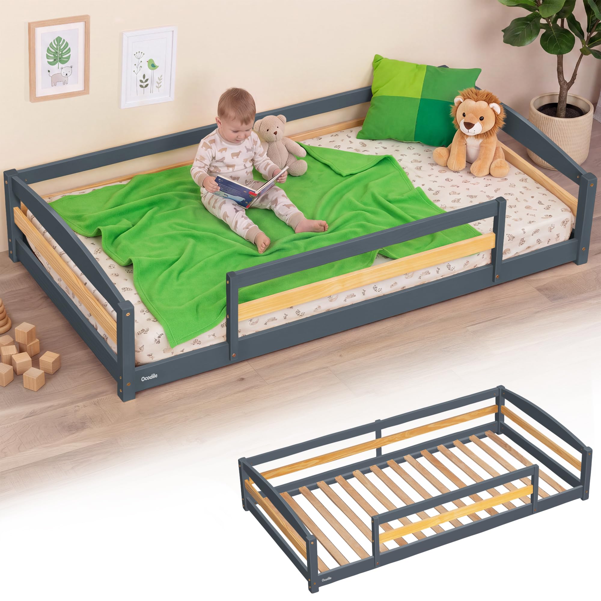 Twin Floor Bed with Safety Guardrails, 2 Openings and 14 Supportive Slats