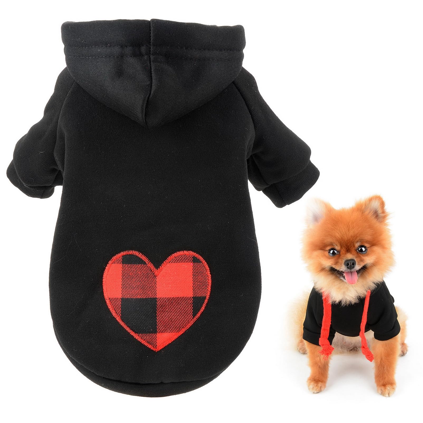 SMALLLEE_LUCKY_STORE Cute Pet Fleece Hoodie Jumper Winter Coat Jacket for Small Medium Large Dogs Cats with Buffalo Check Heart Puppy Pullover Sweater Warm Cold Weather Clothes,Black,M