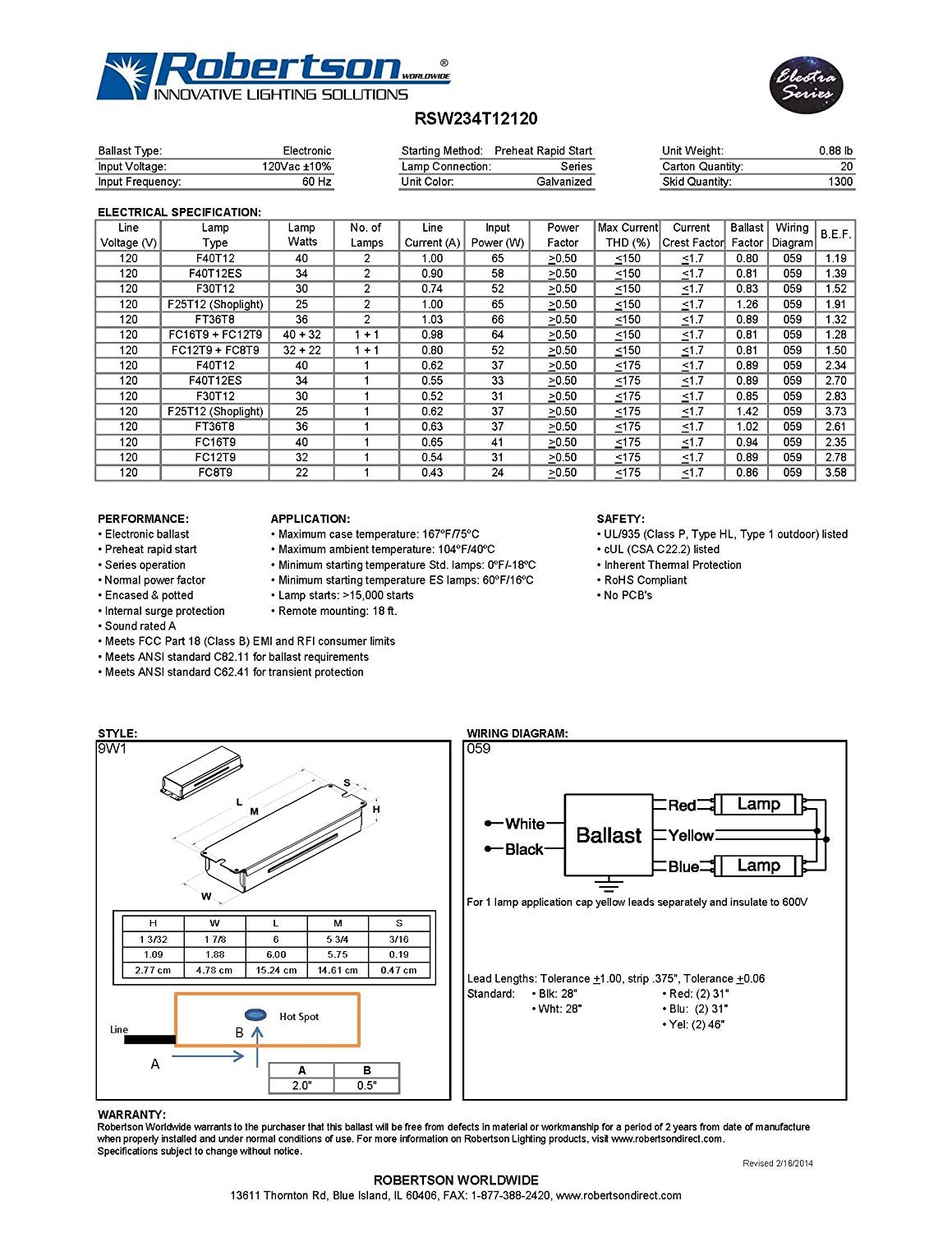 Robertson 3P20132 Fluorescent eBallast for 2 F40T12 Linear Lamps