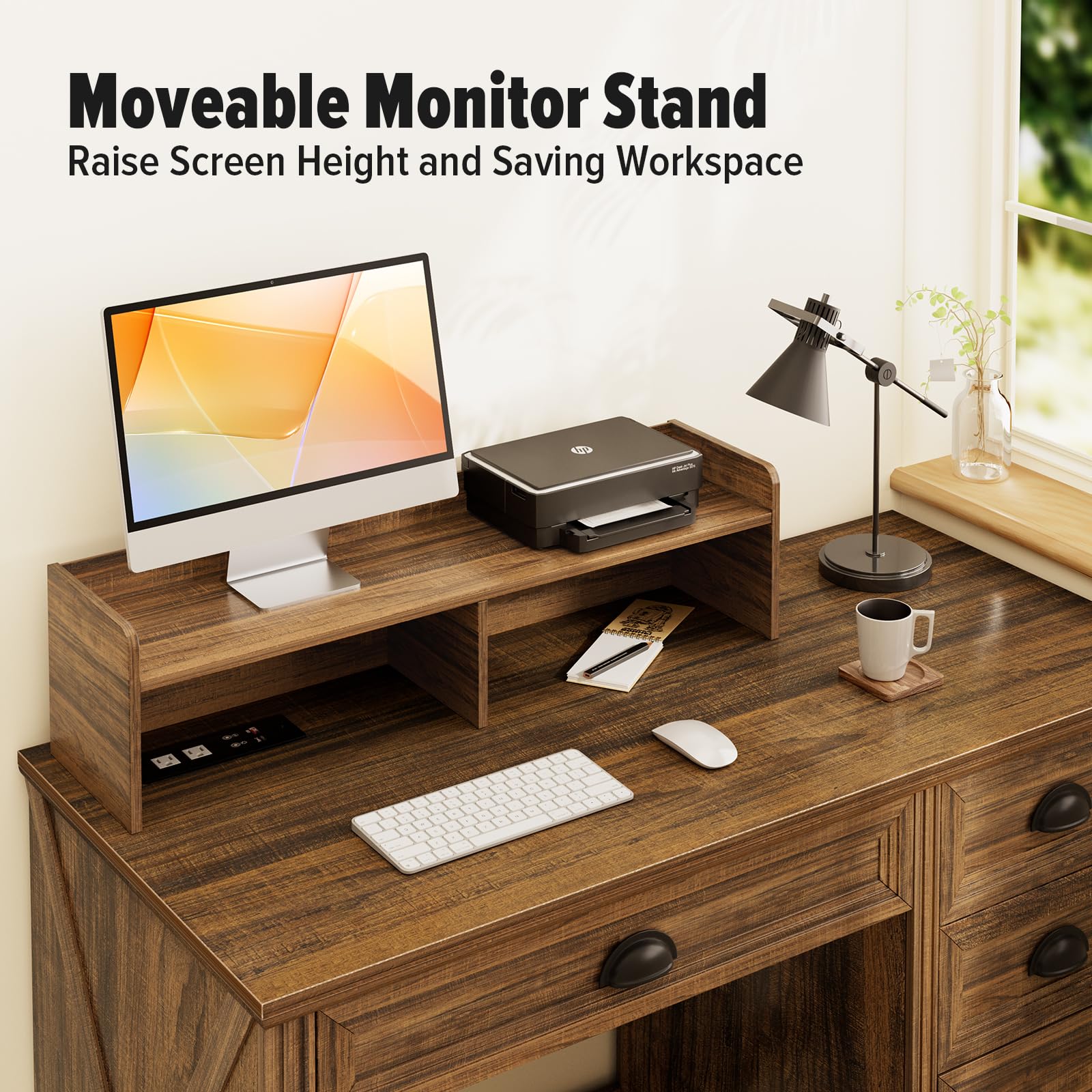 Lareth Computer Desk with Monitor Stand, Farmhouse Home Office Desk with LED Lights Power Outlets, 47 inch Wooden Workstation with Storage File Cabinet for Gaming Studying Working, Walnut: Natural