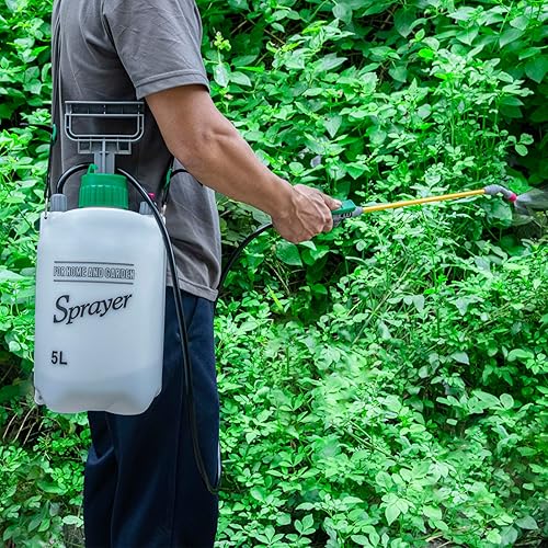 Miniatura 7 de Pulverizador de bomba de 1.3 galones, rociador de jardín de 5 litros con boquillas ajustables y pulverizadores de correa para el hombro en césped y