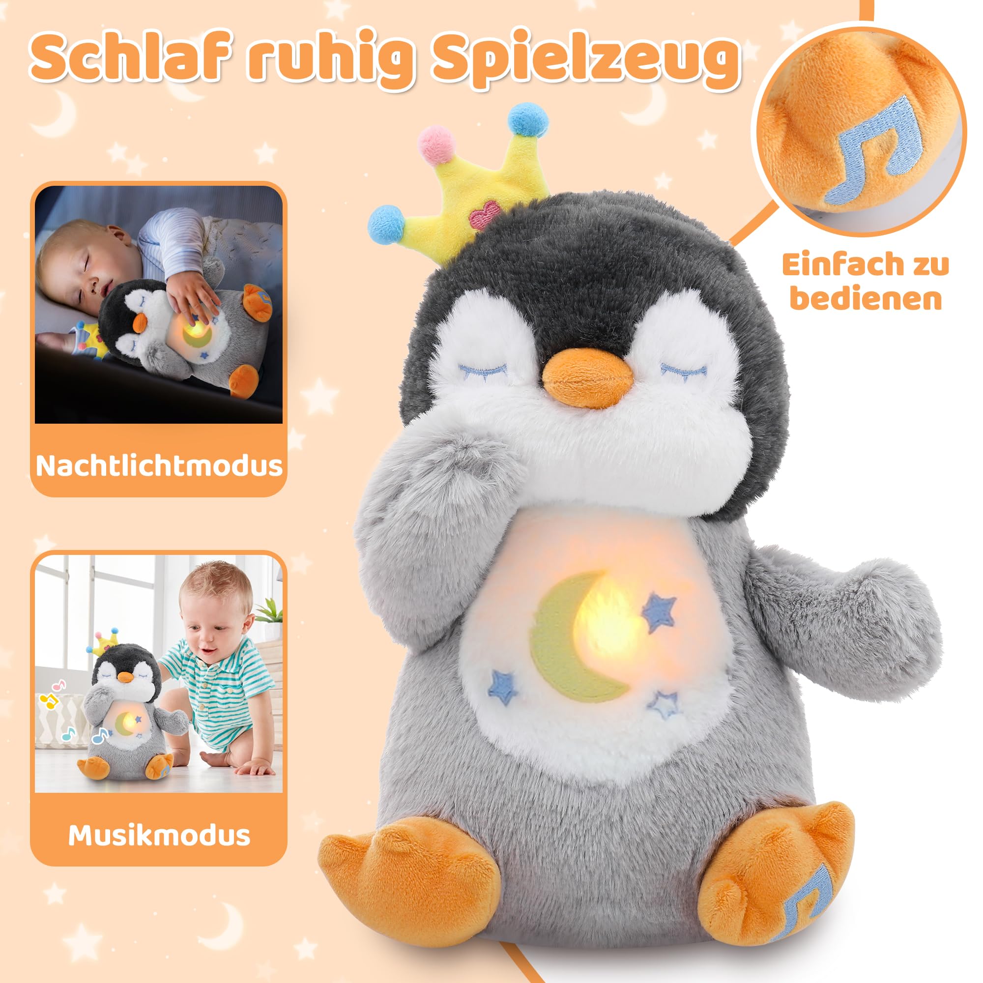 Edencomer Breathing Penguin Teddy, Newborn Toys with Simulated Breathing, Soothing Music & Night Light, Anxiety Relief Plush - Image 3