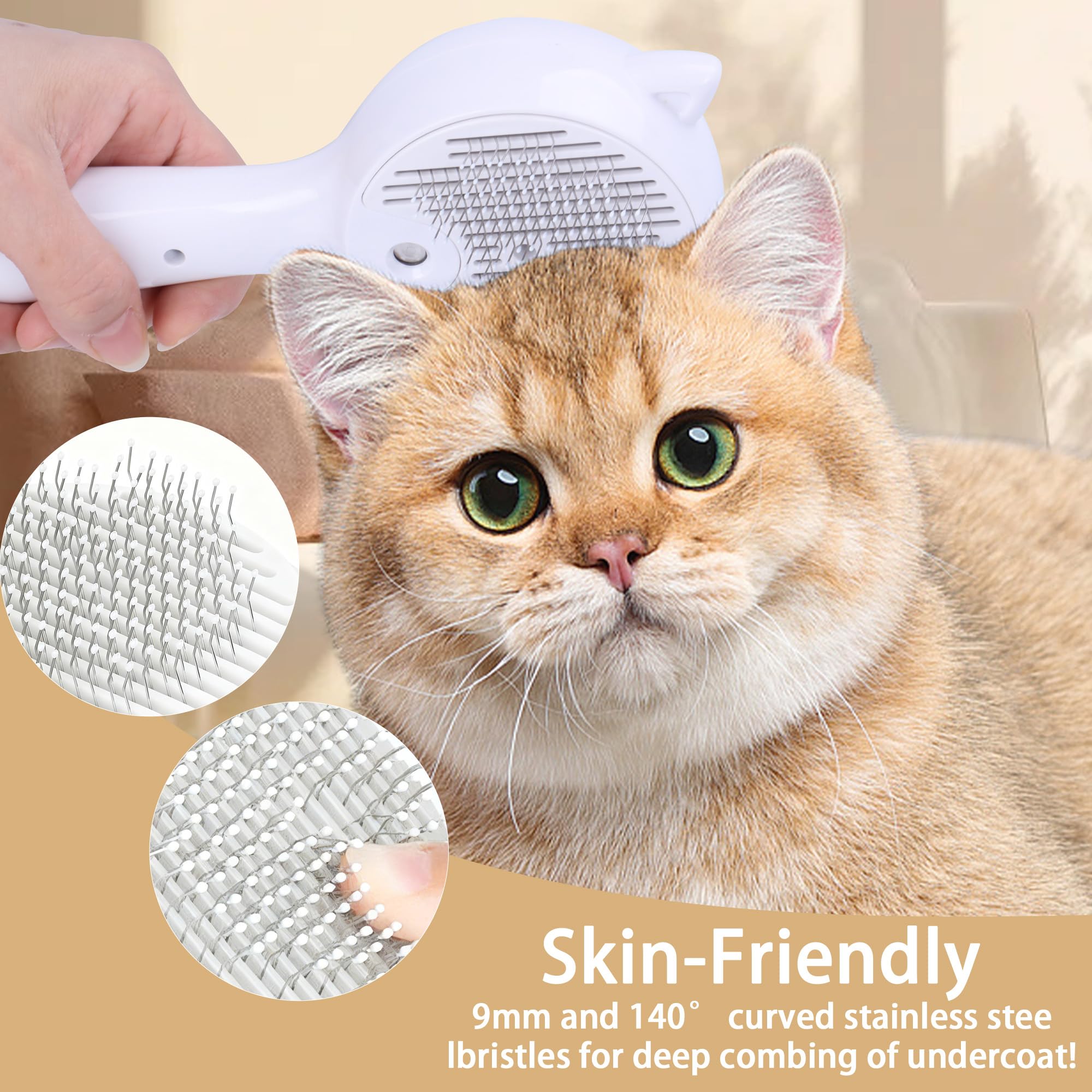 Spazzola a vapore per cani e gatti, pettine 3 in 1, riduce lo spargimento, setole morbide, favorisce la salute del cappotto, include shampoo senz'acqua, bianco