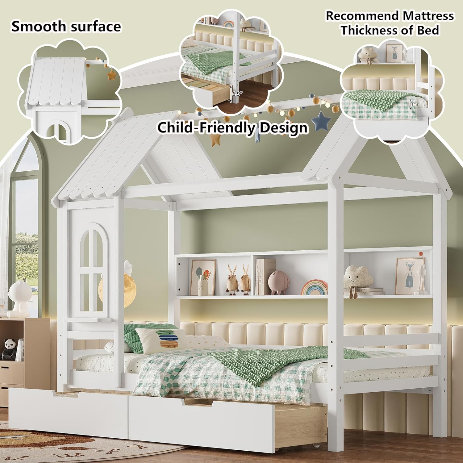 Twin House Bed with Drawers and Window, Solid Wood House Platform Bed with Shelves, Twin Bed Frame with House-shaped Roof for Kids, Boys, Girls, No Box Spring Needed and Childlike Design, White