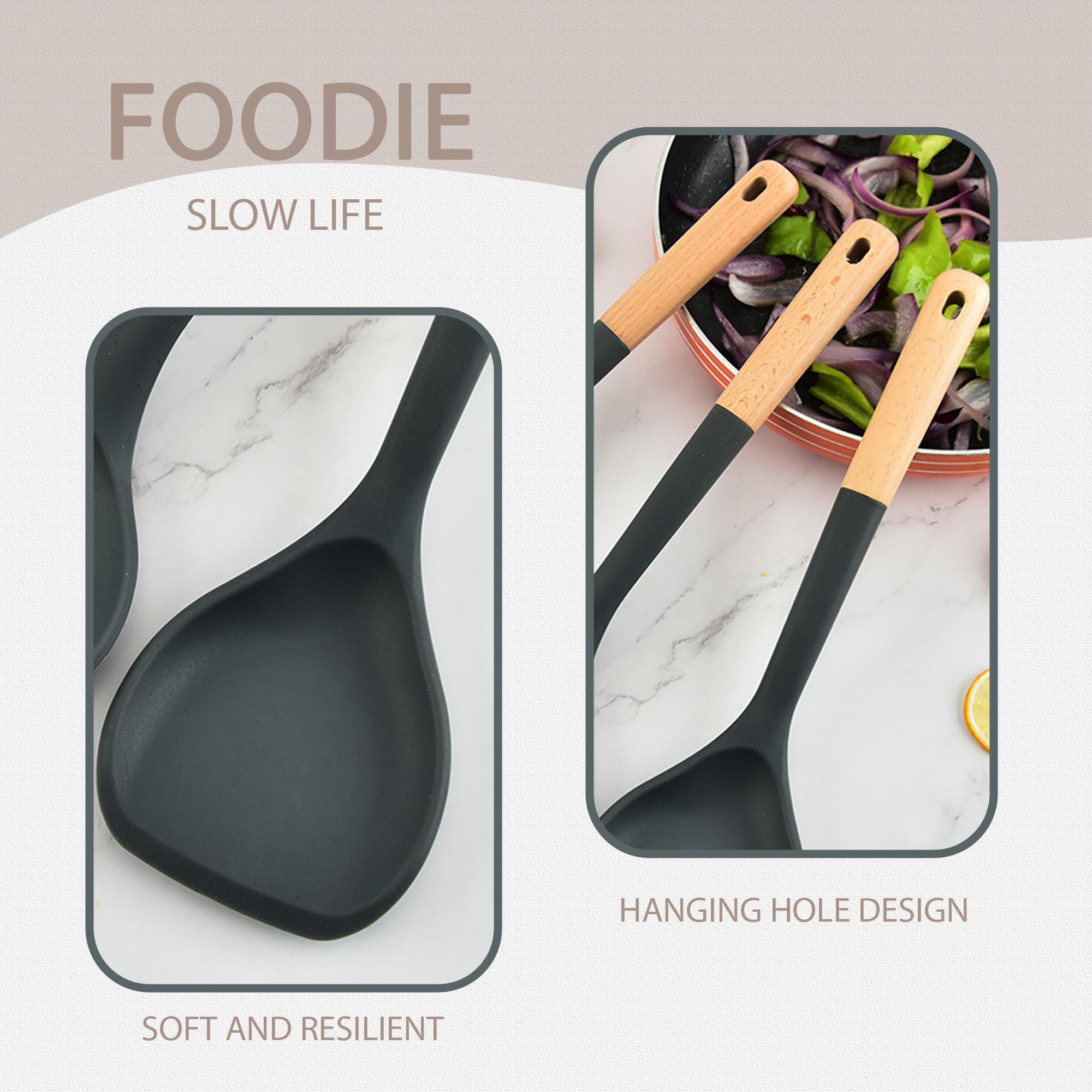 Juego de 7 utensilios de cocina con mango de madera, cabeza de silicona antiarañazos + nailon resistente al calor (cuchara ranurada, cuchara sólida, colador para pasta, espátula) para utensilios de