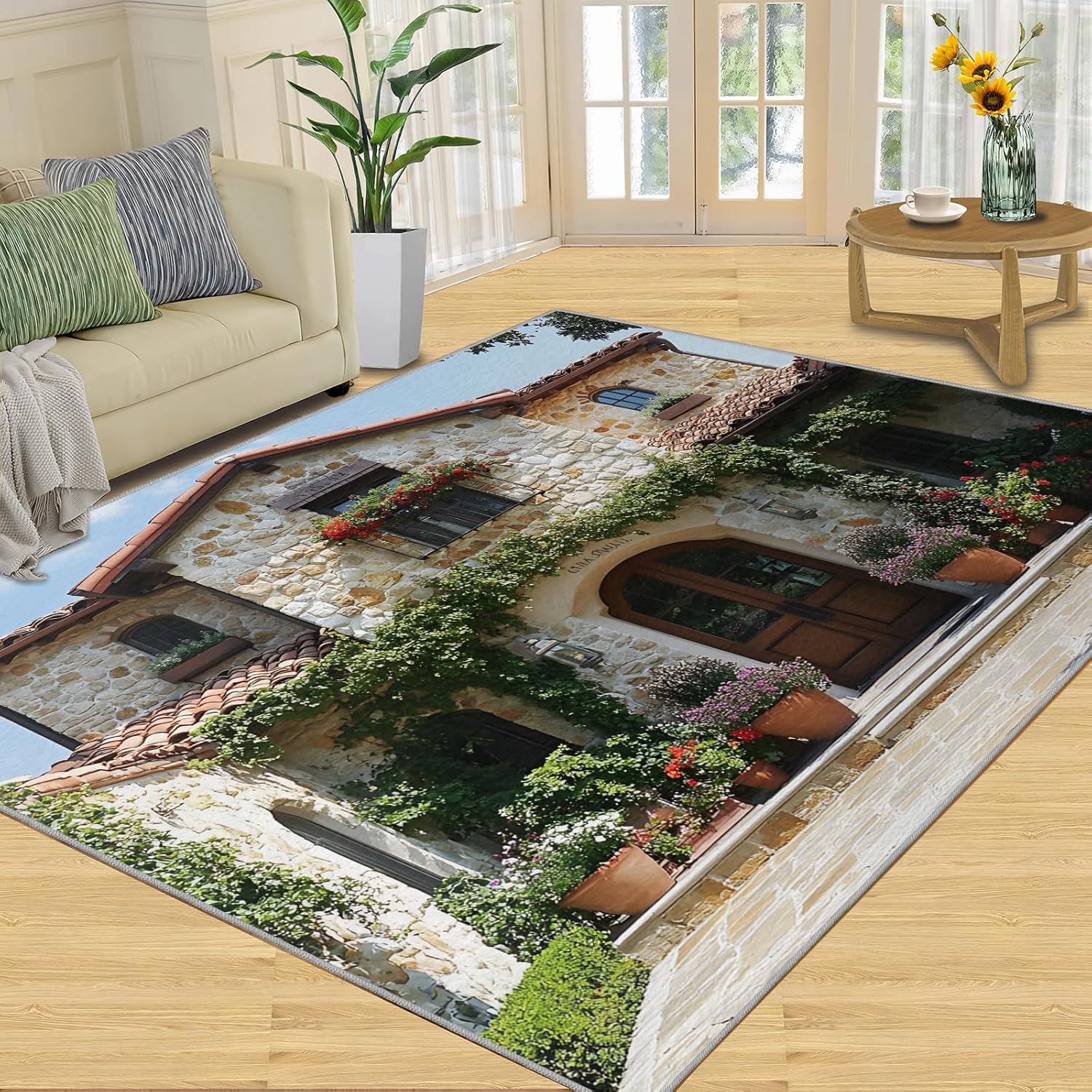 2x3 Tuscan Town Rug - Italian Decor Doormat Outdoor Entrance, Rustic Cobblestone Courtyard Laundry Room Carpet Non Slip Accent Throw Rugs for Bathroom Kitchen Sink Front Door