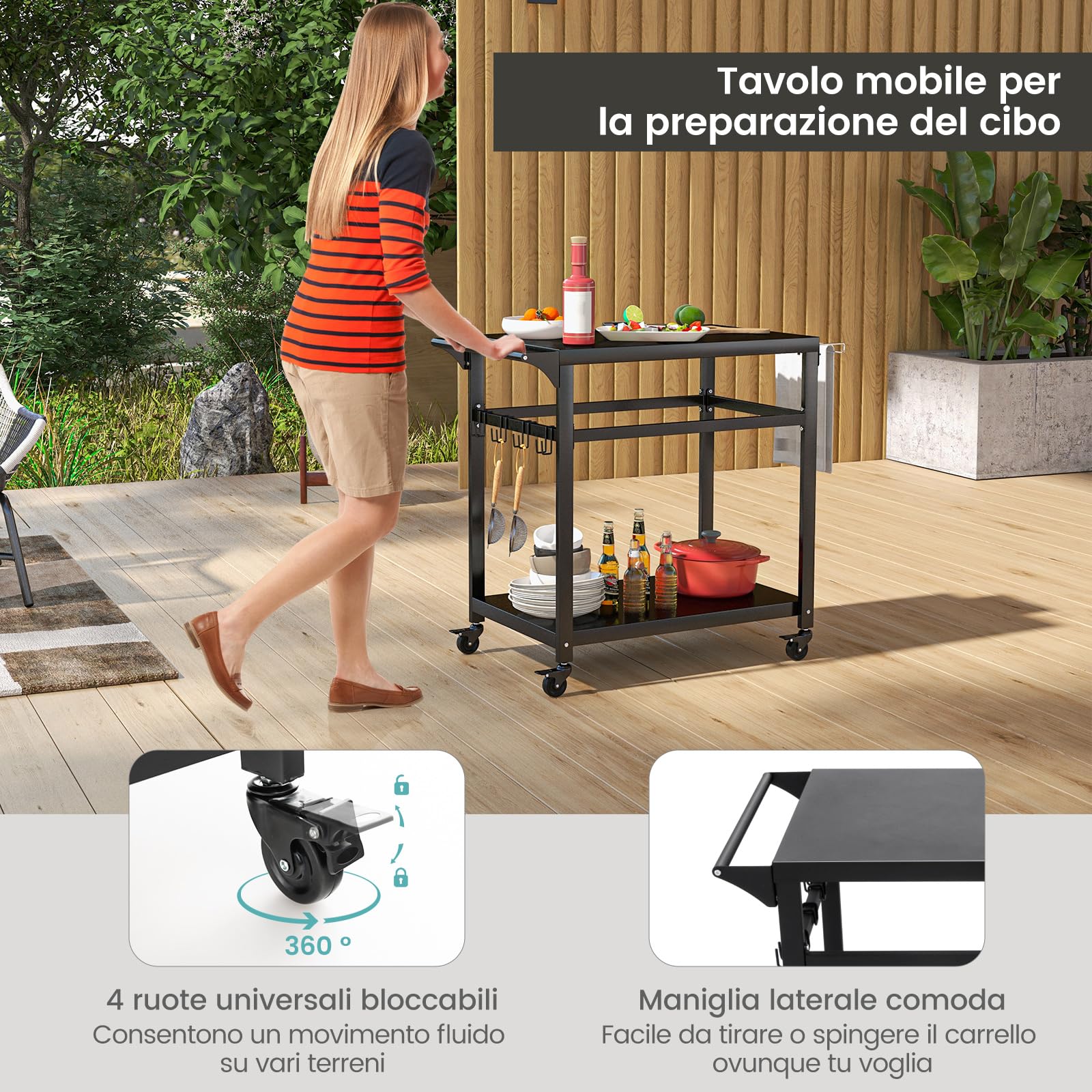 COSTWAY Carrello Barbecue da Esterno in Metallo con 2 Ripiani, 4 Ruote Bloccabili, Ganci, Maniglia Laterale