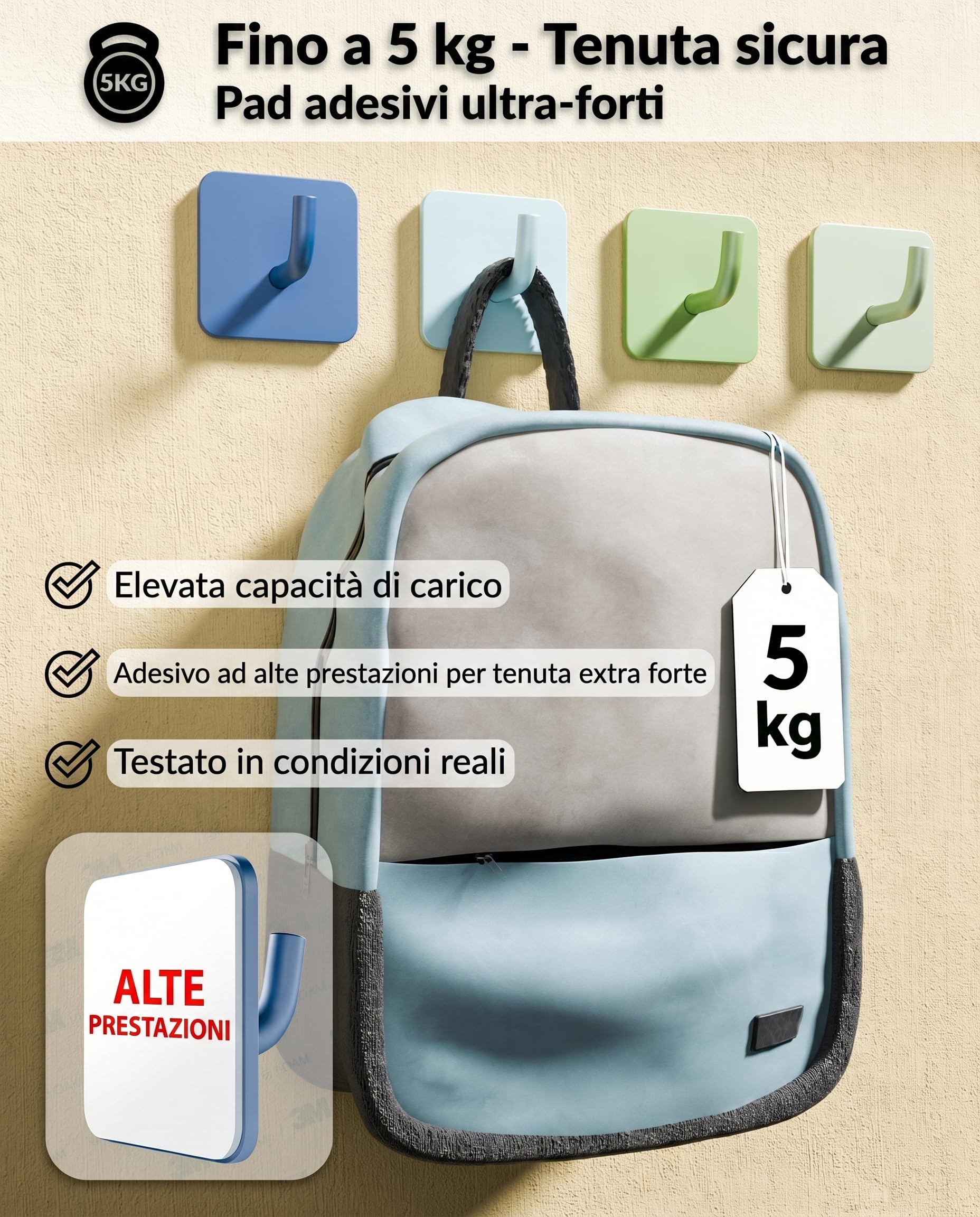 DEKAZIA Set di 4 ganci appendiabiti per bambini blu e verde adesivi da parete