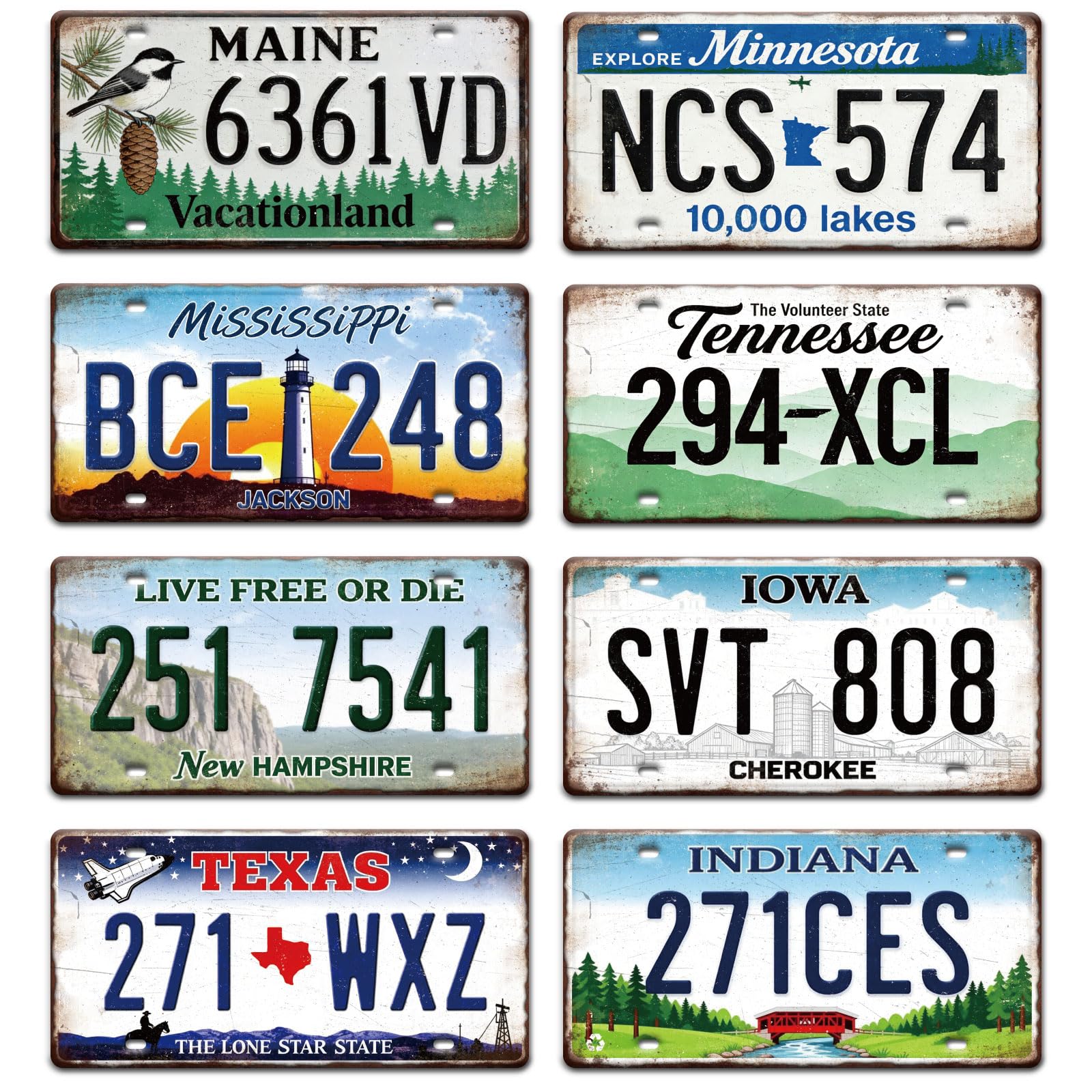 GLOBLELAND 8 Pcs Vintage License Plate Sign Sets 11.8x5.9 inch Retro Metal Tin Signs License Famous Scenery Metal Car Signs for Man Cave Club Bar Cafe Home Decor