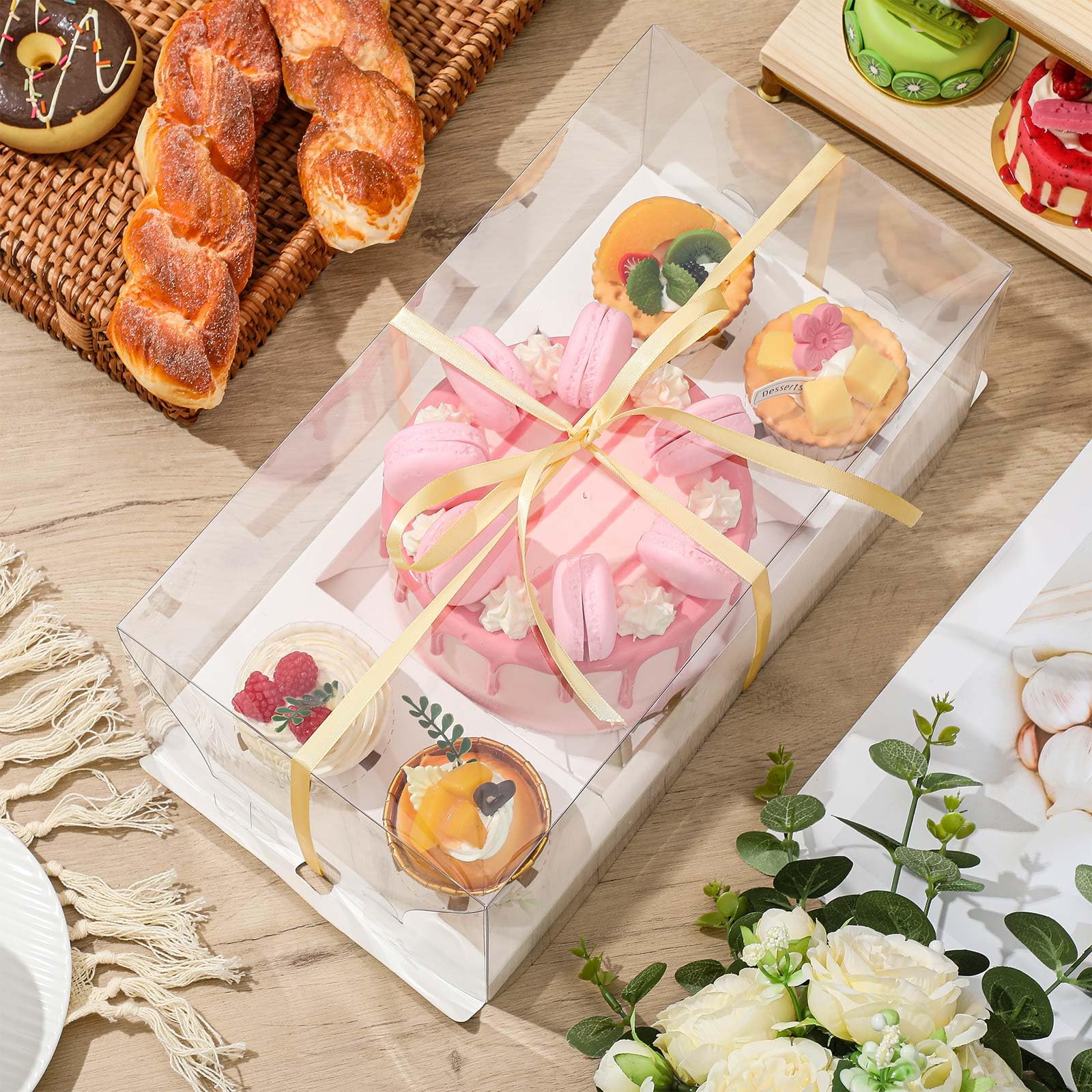 2 Pack 1+4 Bento Cake Boxes Bento Cakes and Cupcakes Combo Clear Box Fit 4 Cupcakes and 1 Mini Cake for Valentine's Day Wedding Birthday Party Treats Donuts Muffins Bakery Supplies
