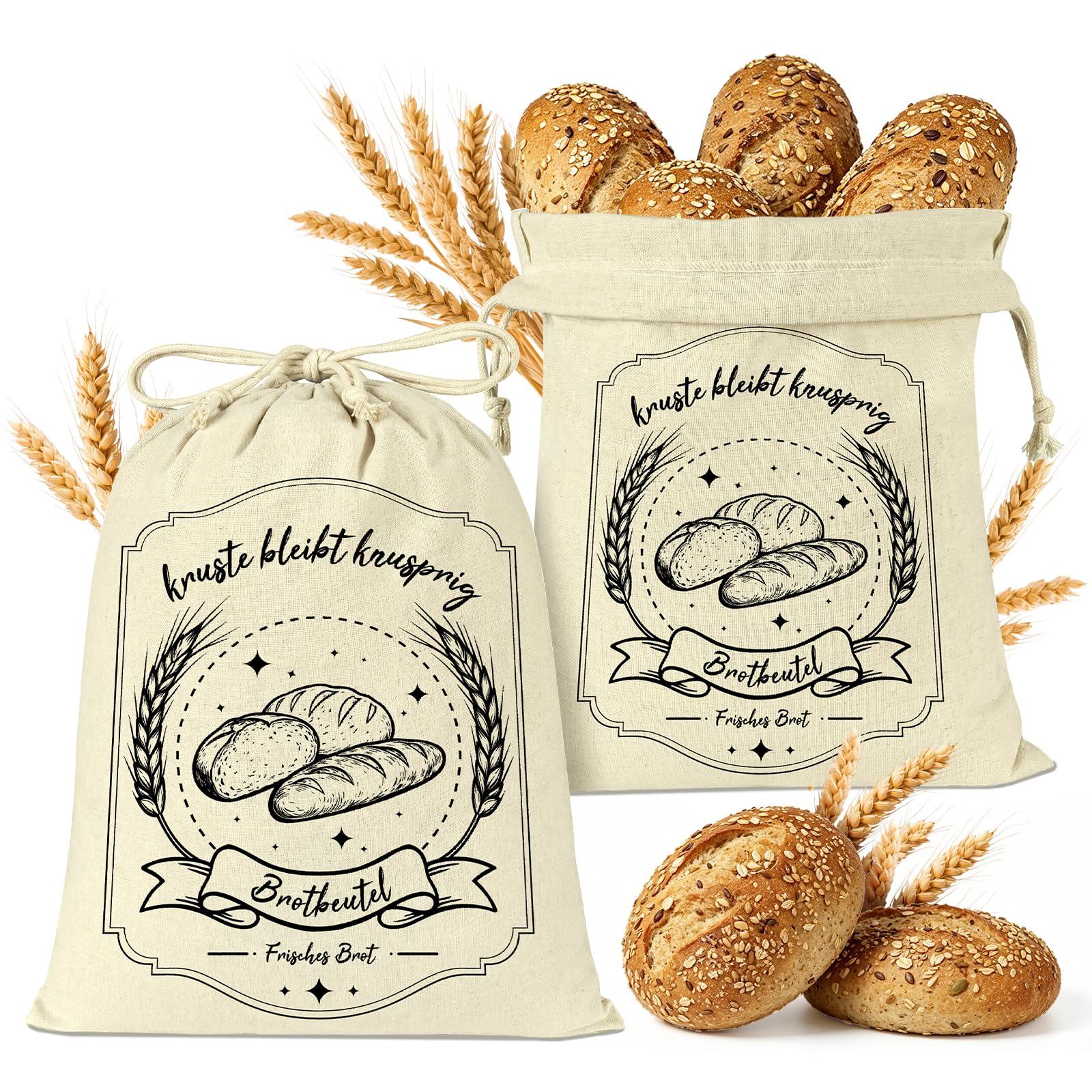 Coicok Leinen Brotbeutel 2er Set – 30x40cm, Brötchenbeutel mit Kordelzug zur Brotaufbewahrung & Frischhalten, Idealer Brottüten Brot Aufbewahrung – 
