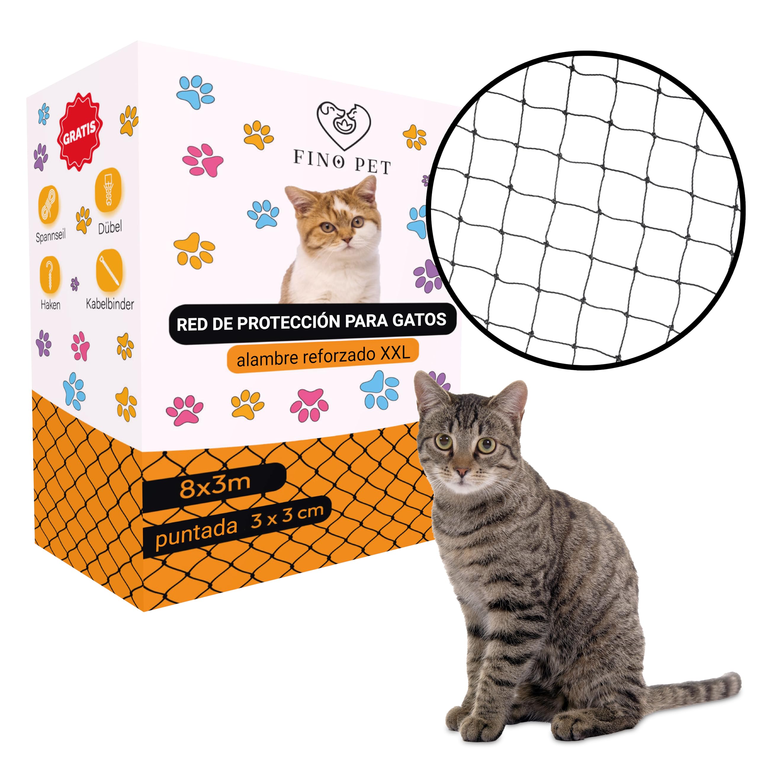 FinoPet Red para Gatos para balcón, Reforzada, 8 x 3 m, Incluye Material de fijación, Red de protección para Gatos, Red de Seguridad, Red de balcón, Red de Seguridad para Gatos