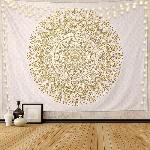 Edeesky Tapiz de mandala blanco dorado para colgar en la pared, medallón psicodélico, tapiz estético indio hippie, decoración de pared bohemio,