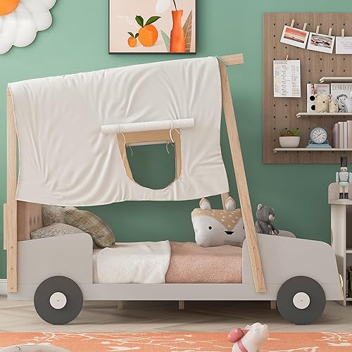 Miniatura 85 de Cama de plataforma clásica en forma de automóvil con ruedas, cama de automóvil de tamaño matrimonial con soporte de listones de madera, marco de