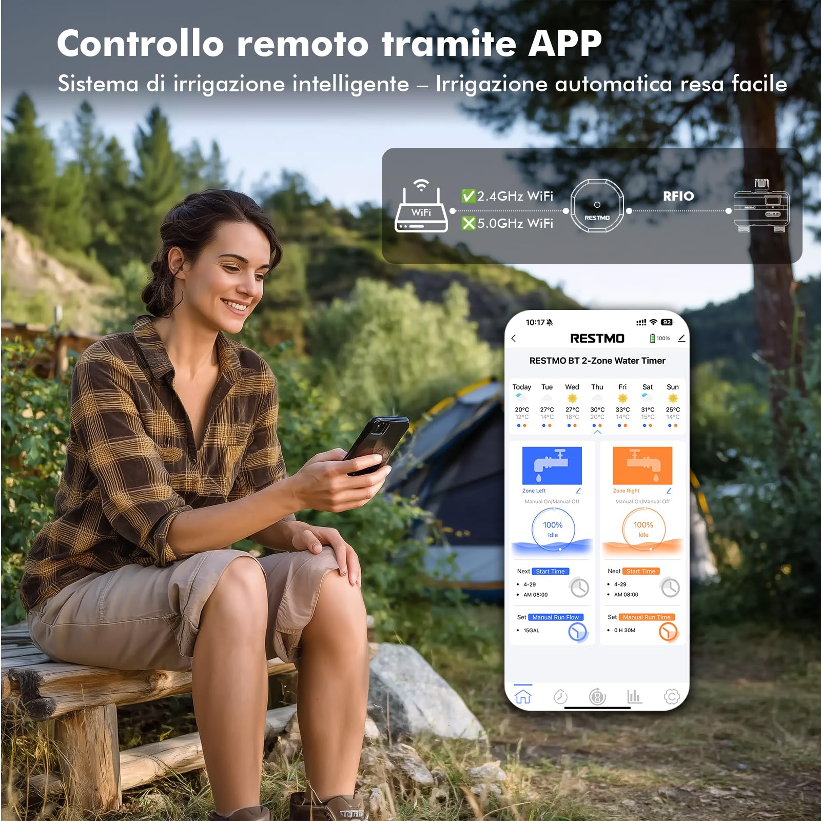 RESTMO Computer di irrigazione a 1 zona Wi-Fi + hub RF con flussometro | Orologio di irrigazione Automatico da Giardino, Controllo di Irrigazione, Sistema di Irrigazione per Giardino e Prato