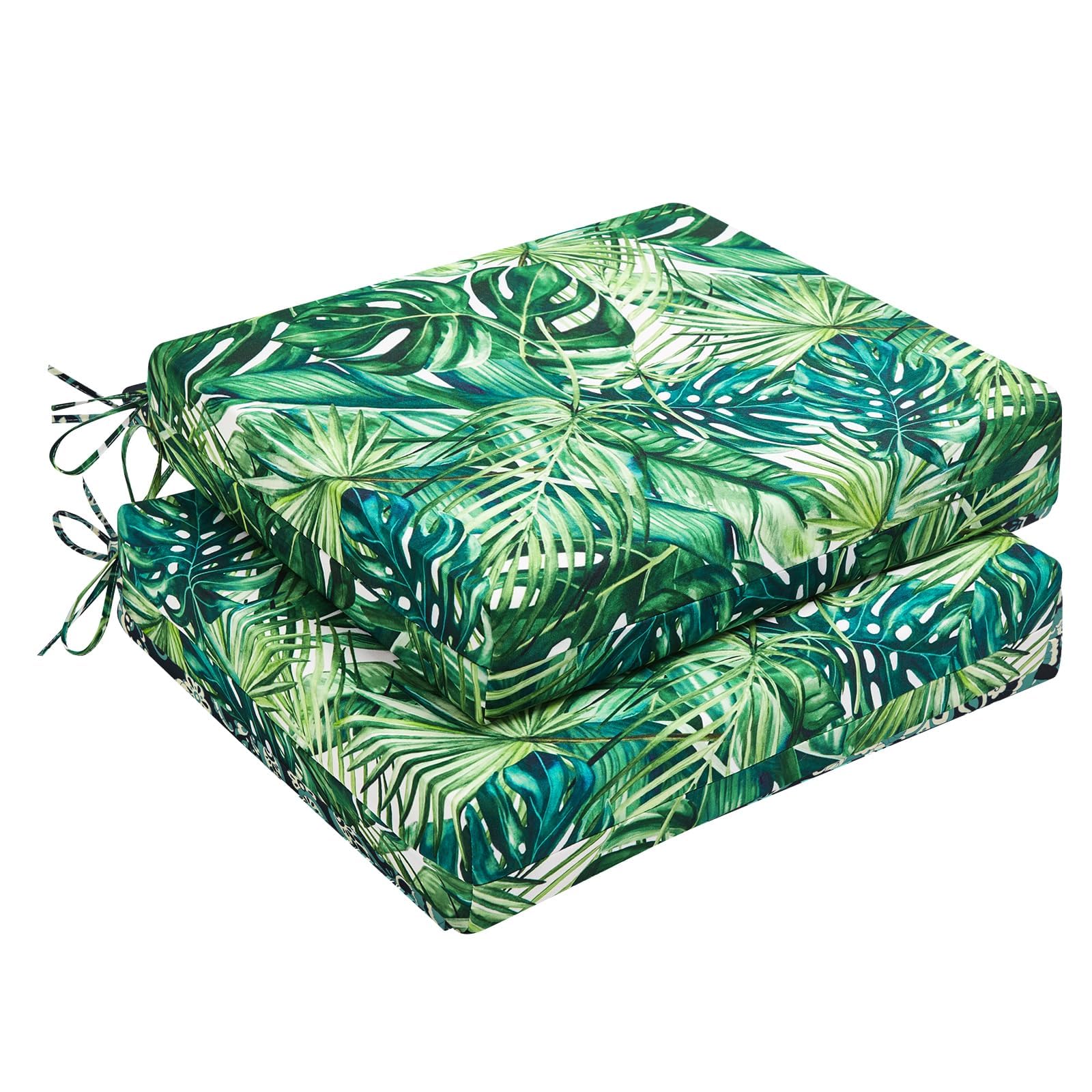downluxe Outdoor Chair Cushions Set of 2 for Patio Furniture, Water-Resistant Square Corner Patio Chair Cushions with Ties, High Density Foam Outdoor Seat Cushion, 18.5" X 16" X 3", Palm Leaves