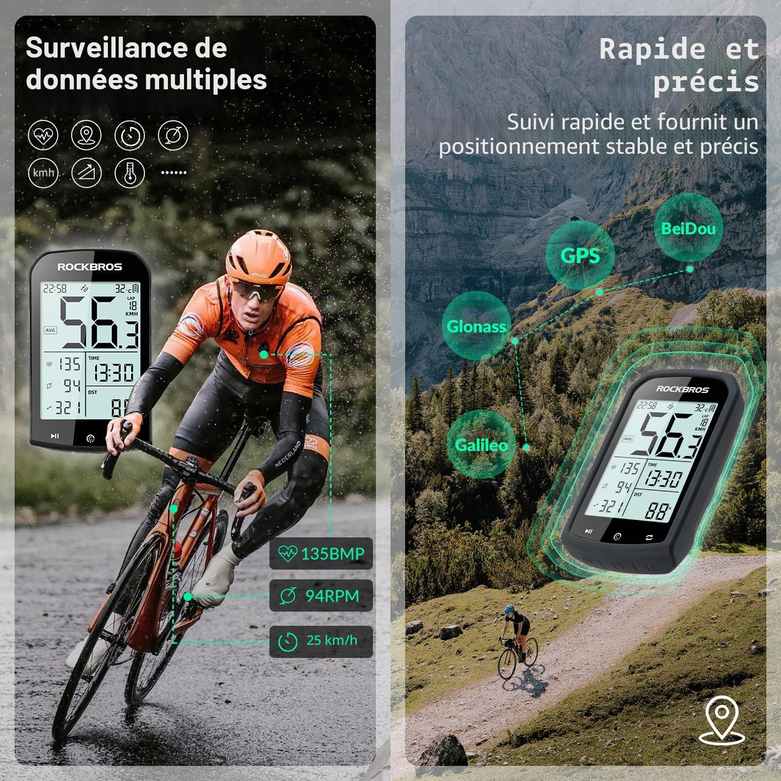 ROCKBROS Compteur Vélo sans Fil, Ordinateur de Vélo GPS Bluetooth 5.0 Ant+, Écran Rétroéclairé 2,9 Pouces IPX6, Compatible Strava