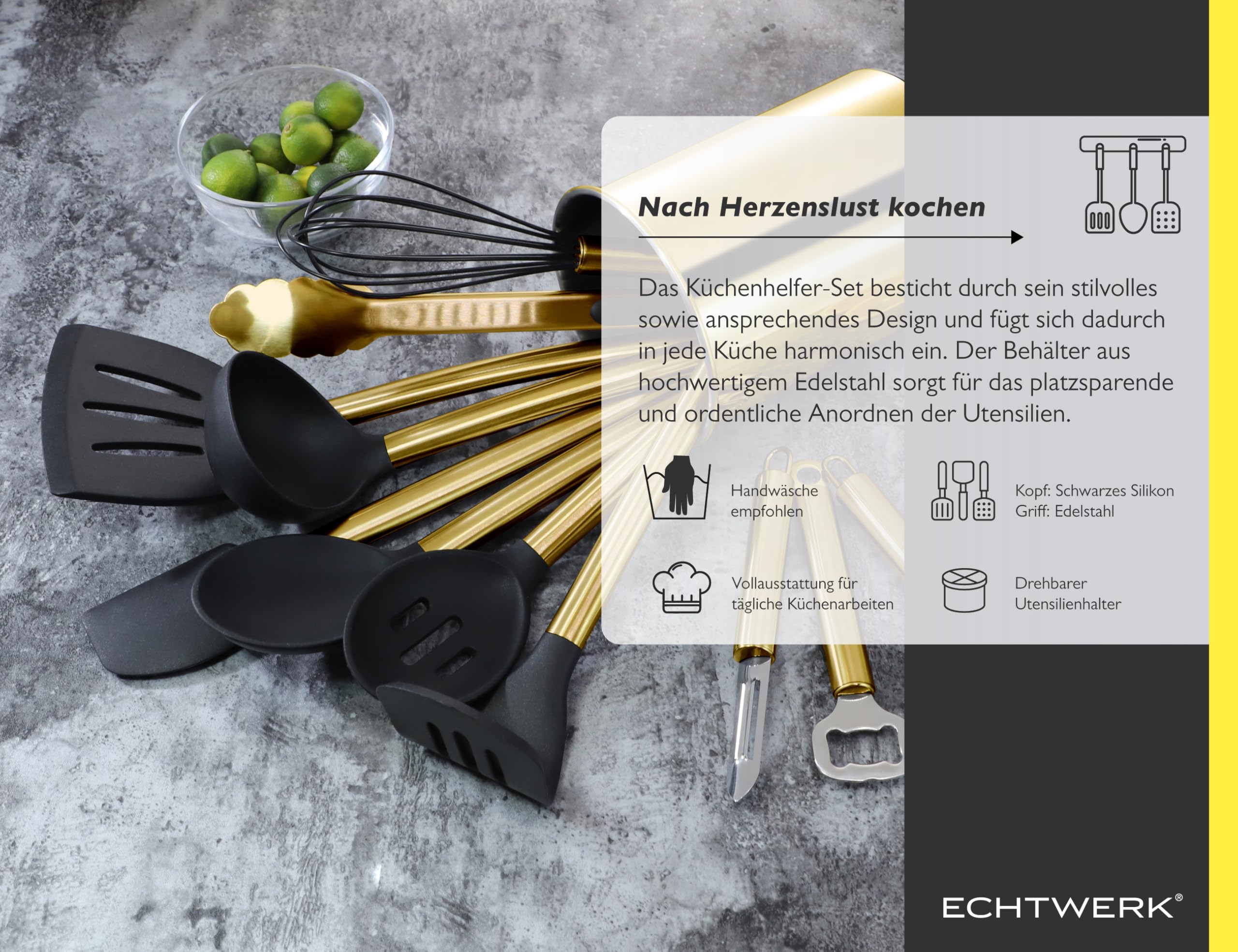 ECHTWERK Utensili da cucina, Set di 12 utensili da cucina, Utensili da cucina con manico in acciaio inox, Portautensili, Ausili domestici in silicone antiaderente, Edizione oro, EW-KS-1202G