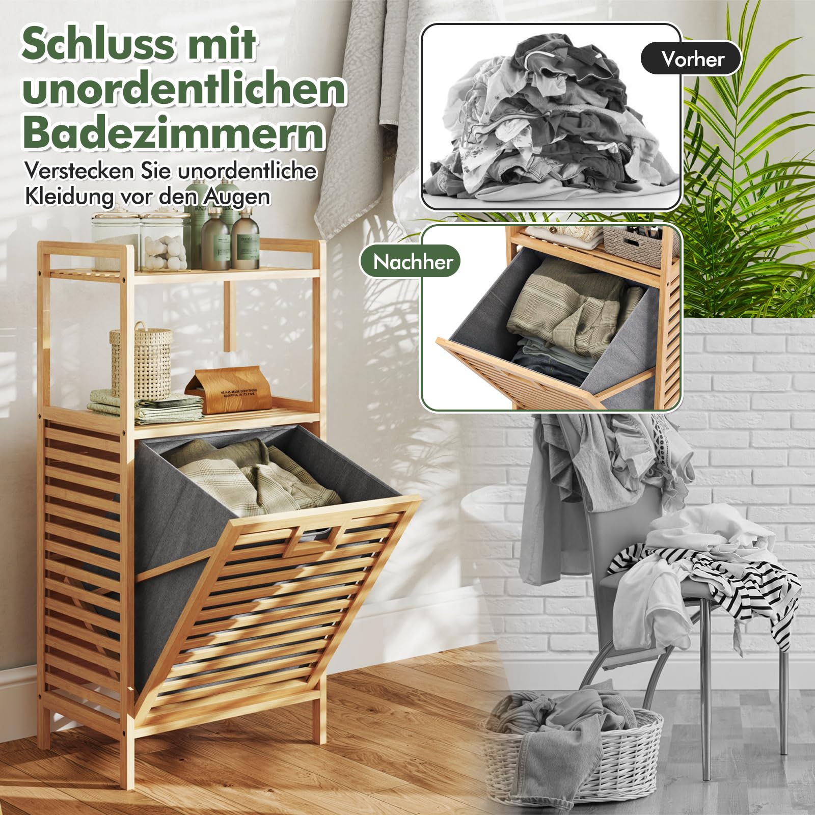 COSTWAY Badregal mit Wäschekorb, Regal aus Bambus, Badschrank mit 2 Ablagen & Ausklappbarer Korb aus Stoff, Wäschesammler für Badezimmer, Waschküche, Natur, 43,5 x 33 x 96 cm