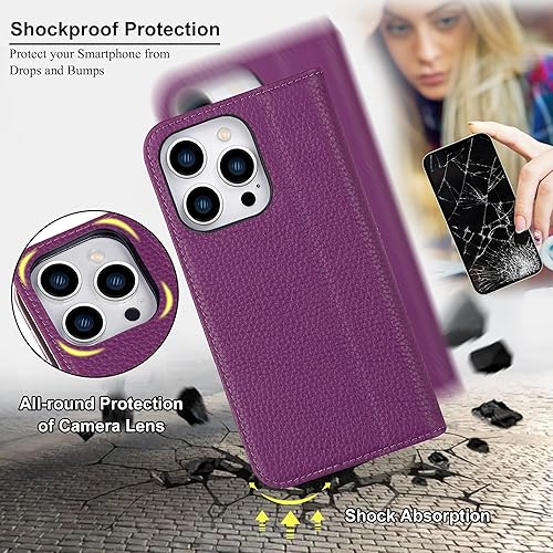 Miniatura 5 de VISOUL Pebbled - Funda de piel auténtica para iPhone 15 Pro Max con soporte para tarjetas, funda magnética con función atril para iPhone 15 Pro Max