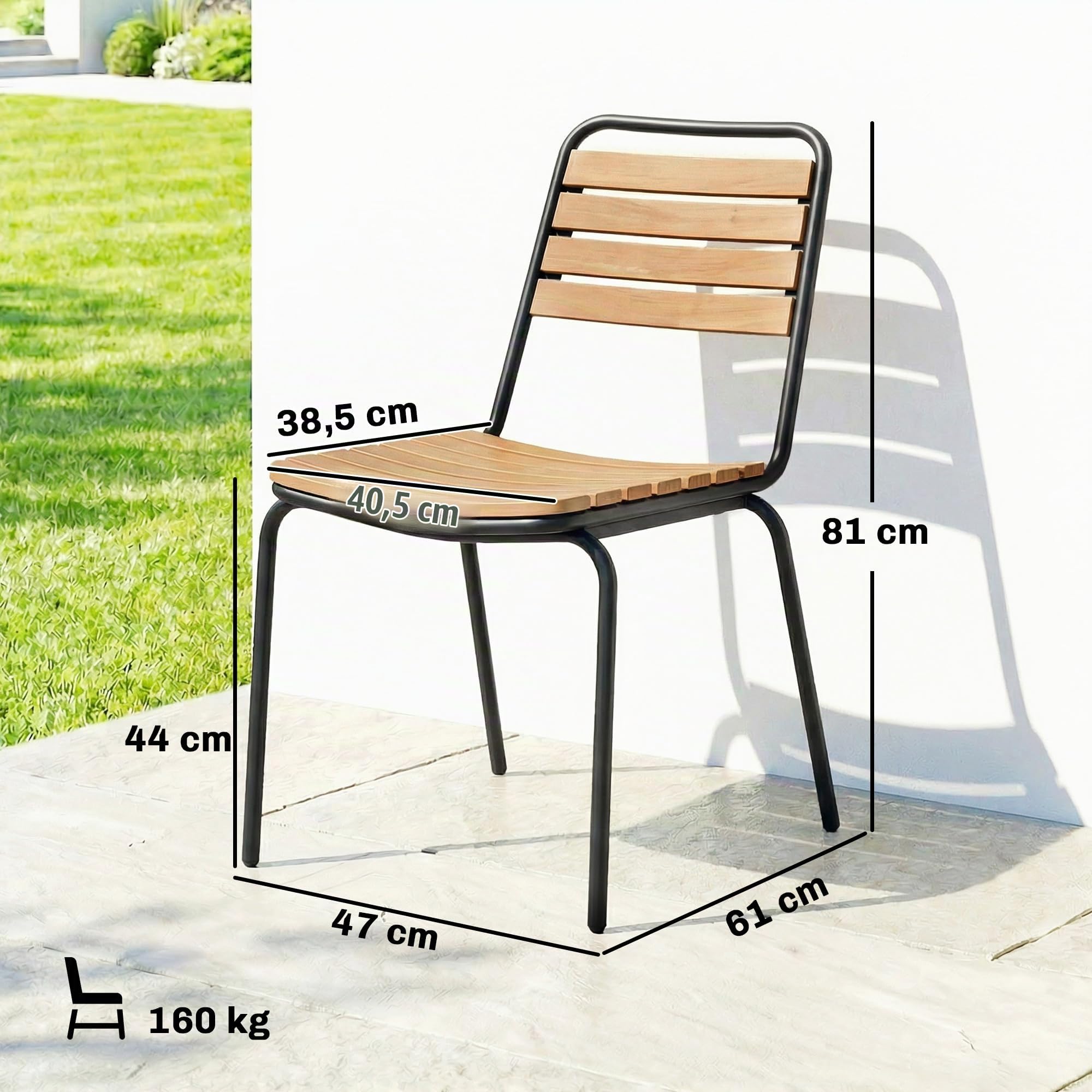 Outsunny Lot de 2 Chaises de Jardin Empilables, Assise et Dossier en Bois Massif à Lattes, Structure en Acier, Chaises d'Extérieur pour Terrasse Balcon Bistro, 61x47x81cm, Naturel