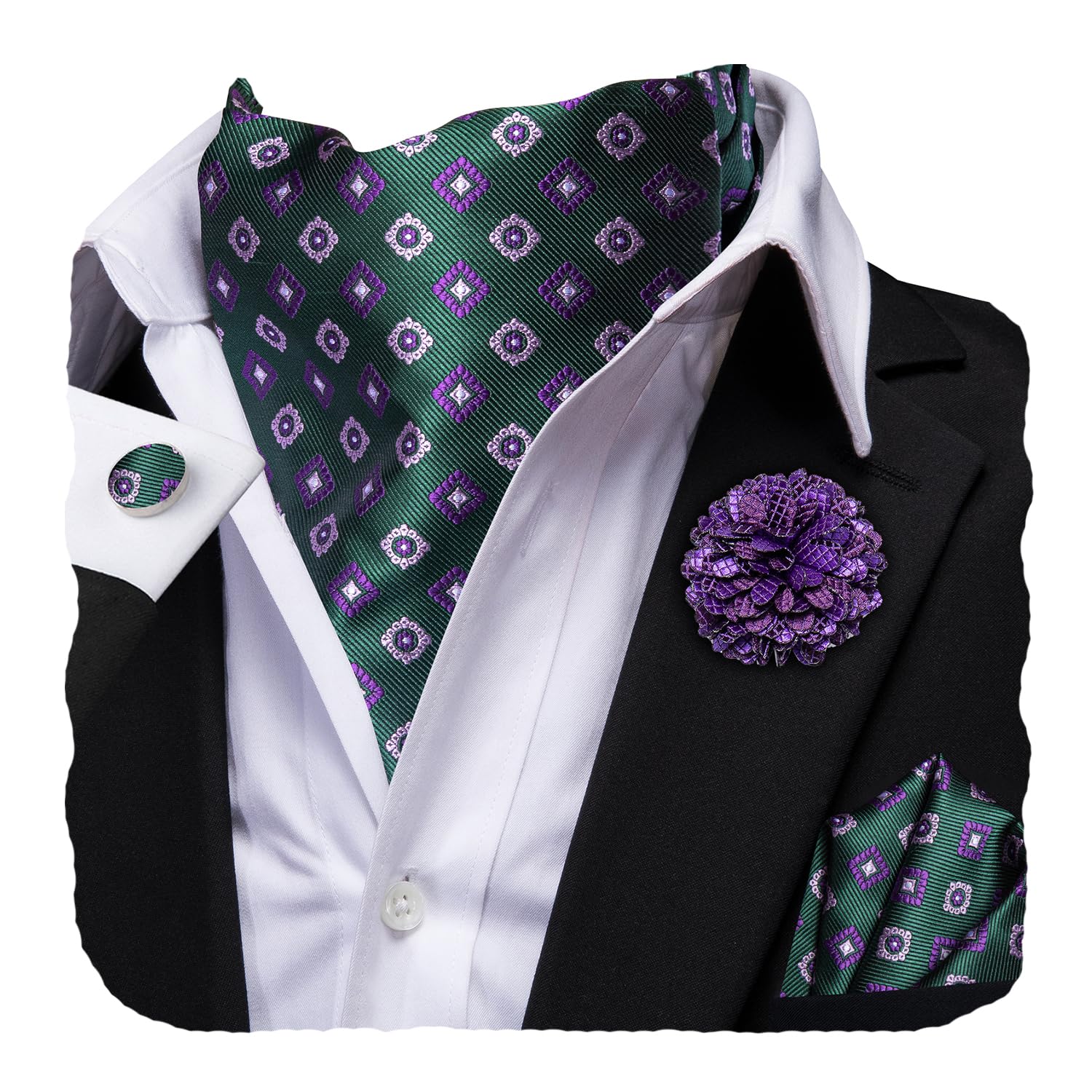 Hi-Tie Silk Ascot for Men Self Tie Men's Cravat and Flower Lapel Pin Handkerchief Cufflinks Set for Wedding Party