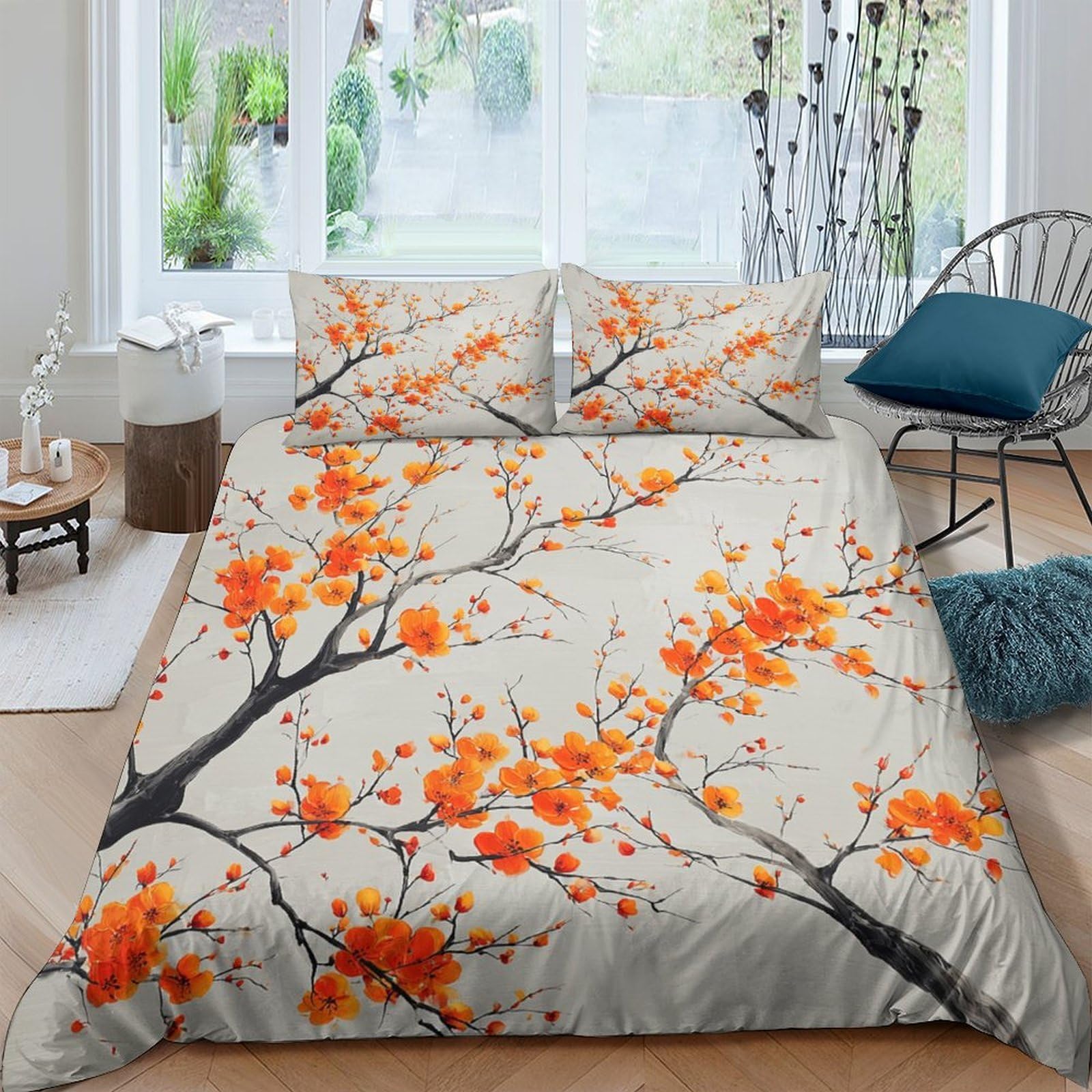 Ctjqhvkz Style-3 3D Printed Orange Blossom Fitted Sheet Microfiber Soft Breathable Plum Tree Mattress Cover For Bedroom Guest Room Single（135X200cm）