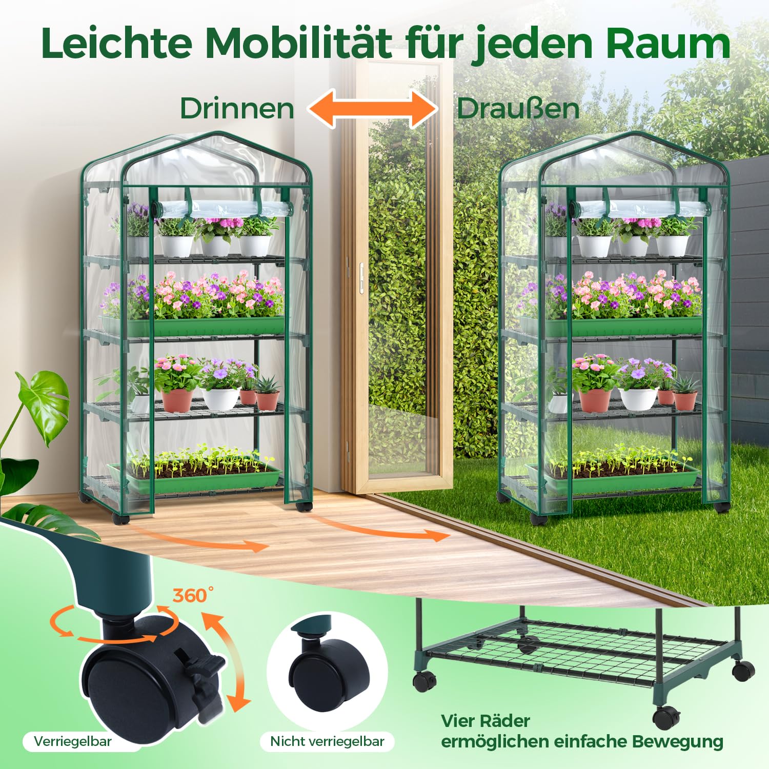 Ohuhu Gewächshaus klein Premium Foliengewächshaus mit Verriegelungsräder, Folien Treibhaus mit 4 Regalen Anzuchthaus Treibhaus Platzsparend Frühbeet für Balkon Garten 69x48x162 cm Transparent