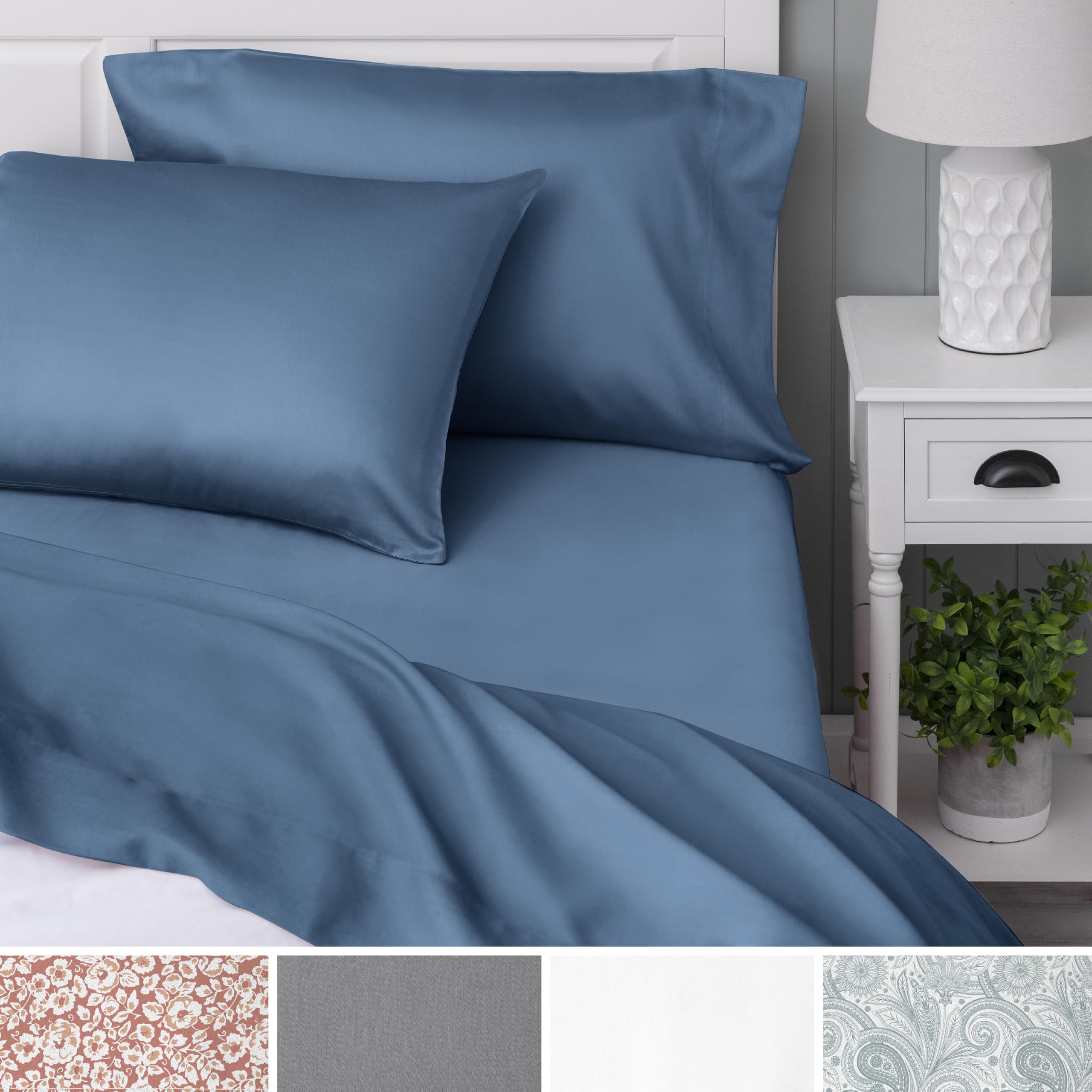 Welhome 100% Cotton Percale 4-Piece Queen Size Solid Bed Sheets Set, 1 Fitted, 1 Flat Sheet with 2 Pillowcases, Blue