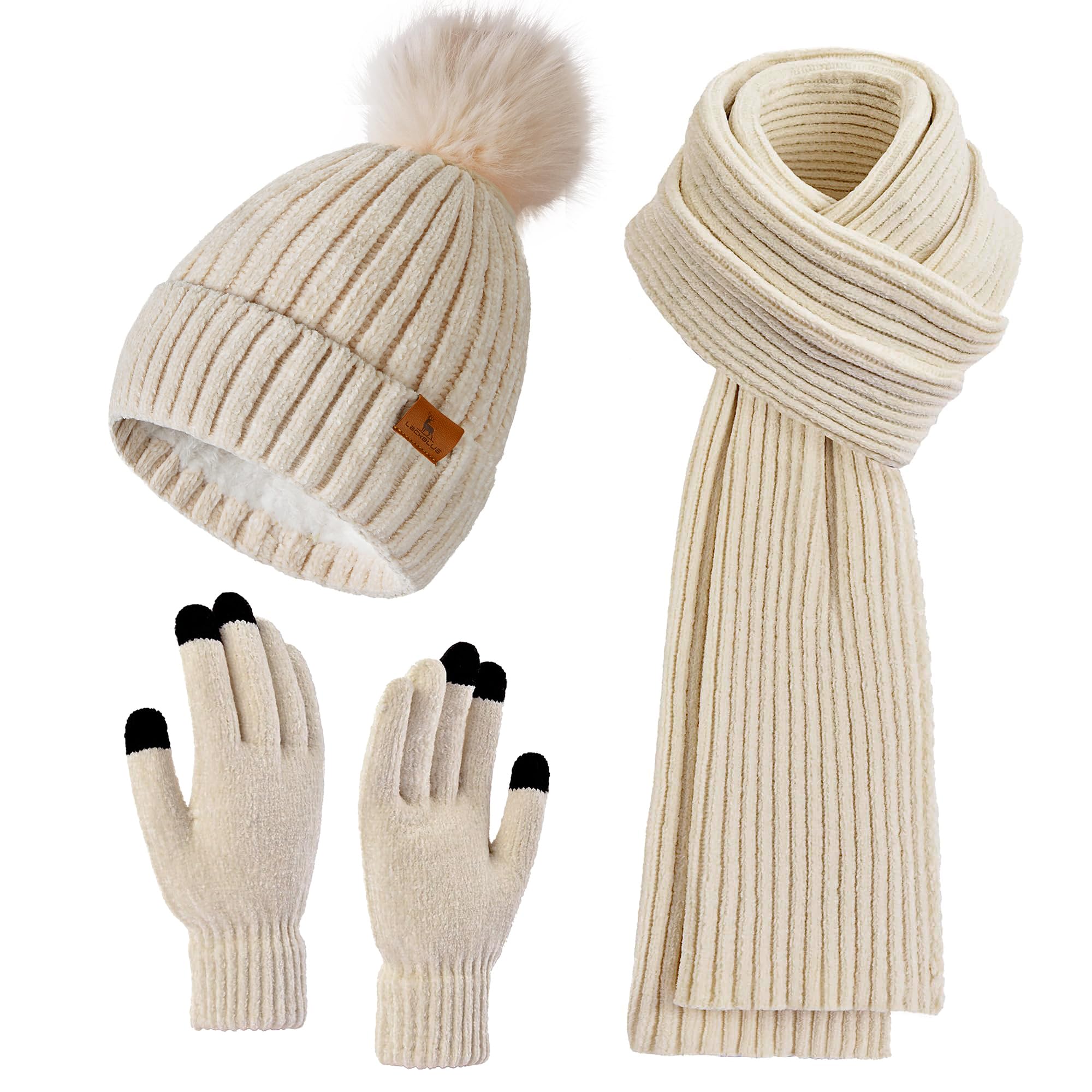 LackBlue Damska zimowa czapka beanie szalik rękawiczki do ekranu dotykowego zestaw dzianinowe ciepłe czapki z czaszką długie szaliki na szyję dla kobiet mężczyzn
