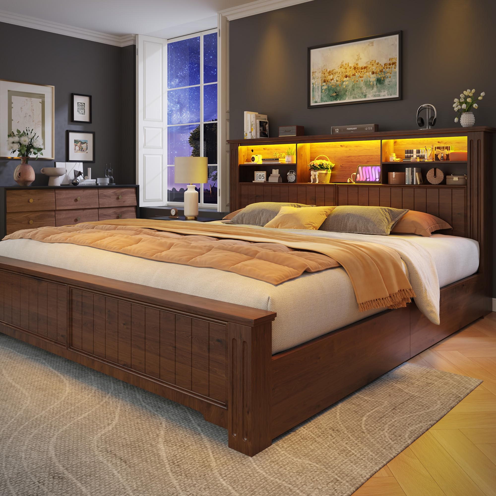 EnHomee King Size Bed Frame with Storage Drawers and Headboard
