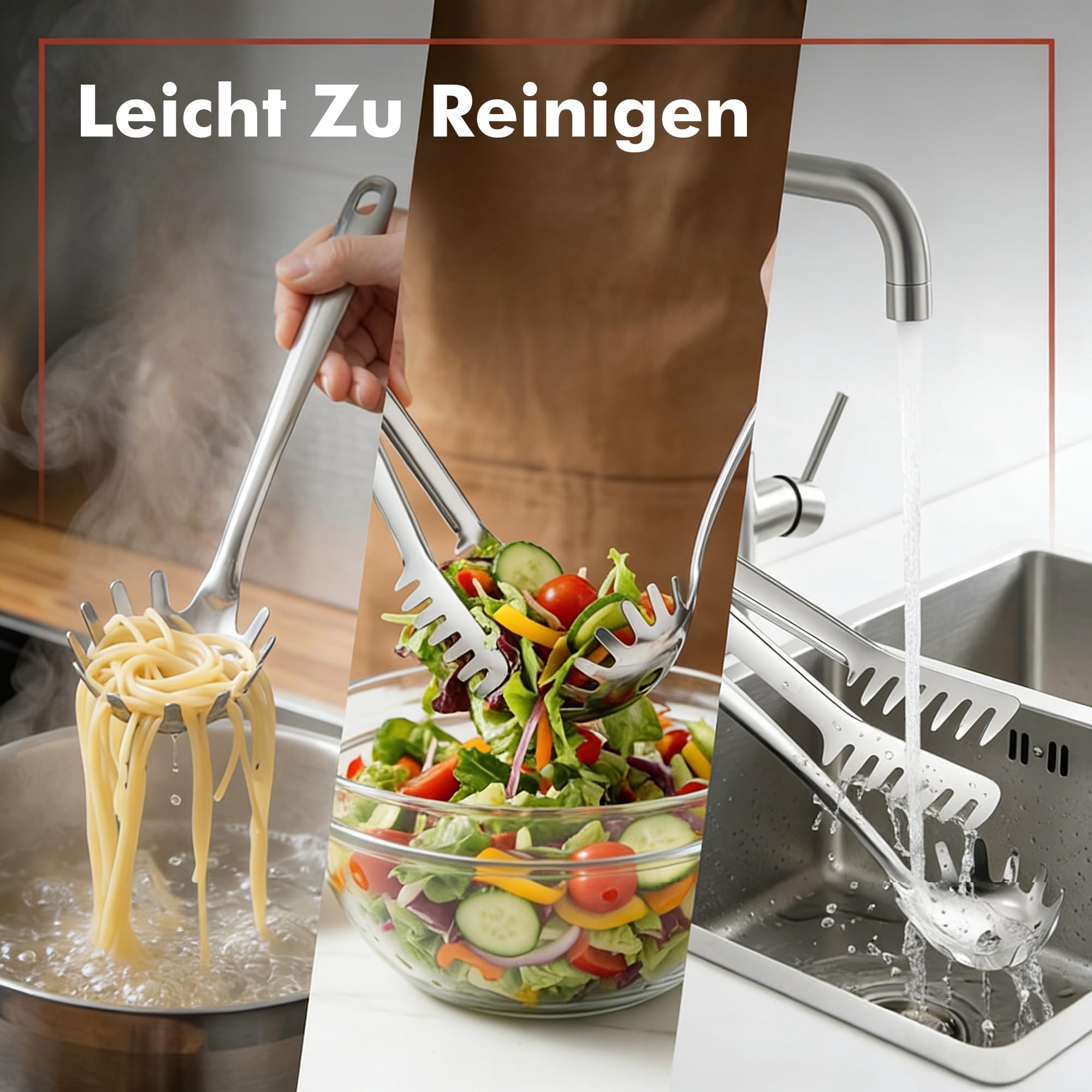 Yootiko Juego de 2 cubiertos para pasta de acero inoxidable, pinzas para pasta y cuchara, utensilios de cocina ergonómicos, inoxidables y duraderos, para pasta, ensaladas y verduras
