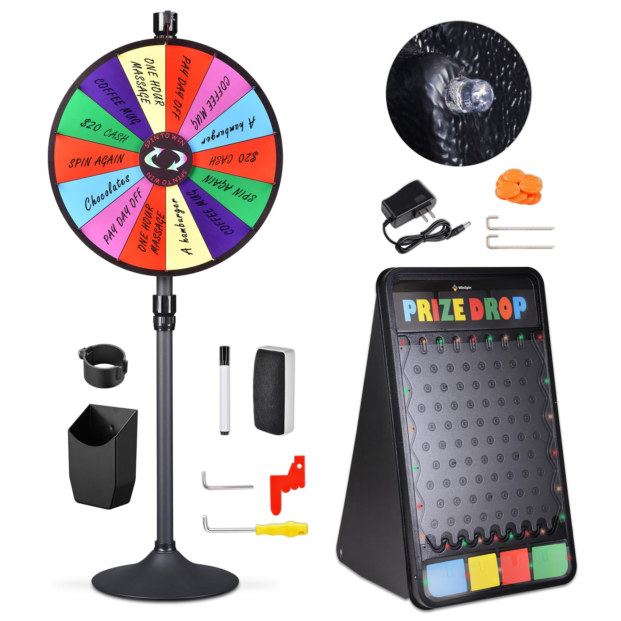 WinSpin 24 Inch Dual Use Spinning Wheel 14 Slots Prize Wheel with 41x25 Prize Drop Game Board w/LED Light for Party, Tradeshow