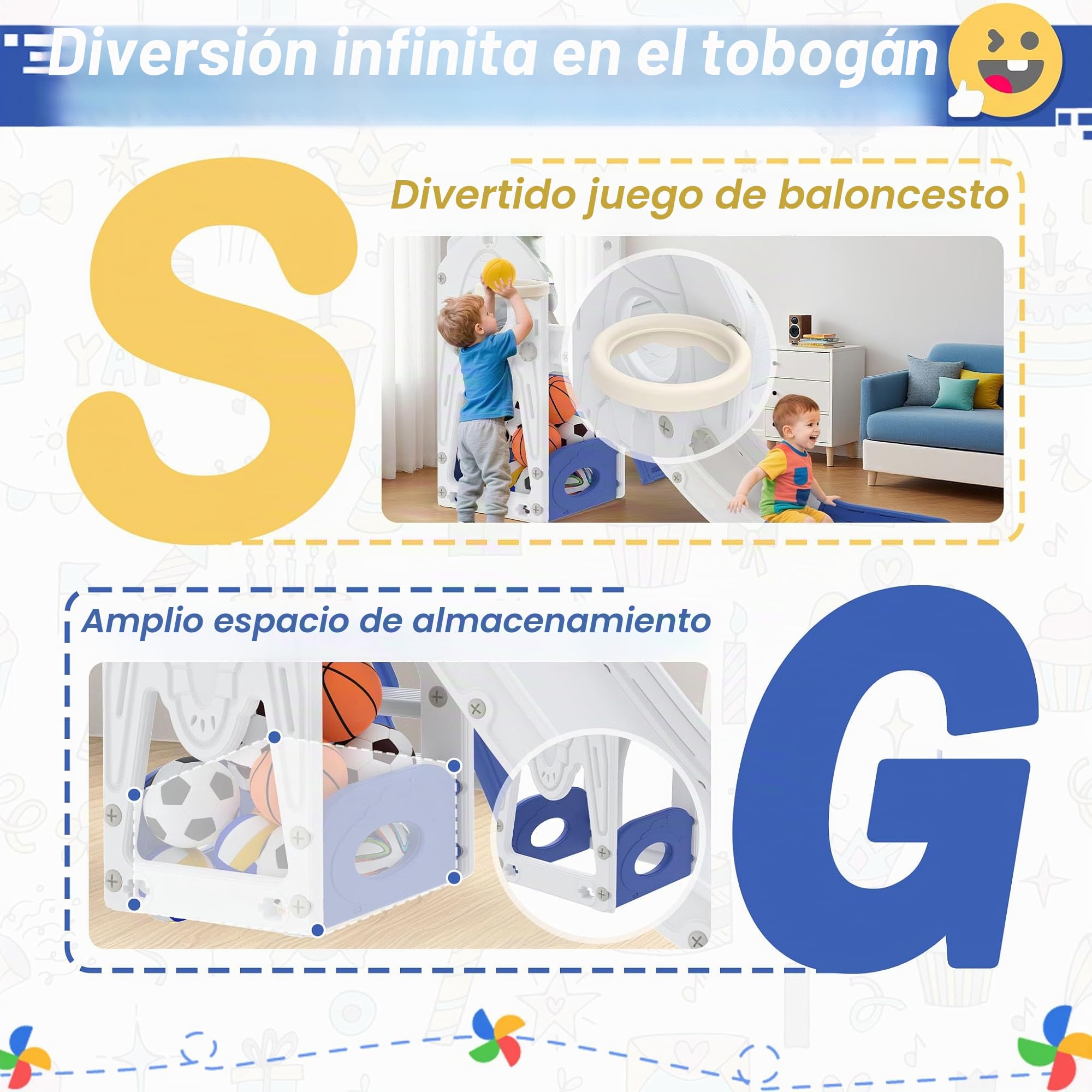 UISEBRT Tobogán infantil con escalera de escalada, espacio de almacenamiento, cesta de baloncesto y telescopio para juegos, tobogán infantil de polietileno de alta densidad y polipropileno, tobogán