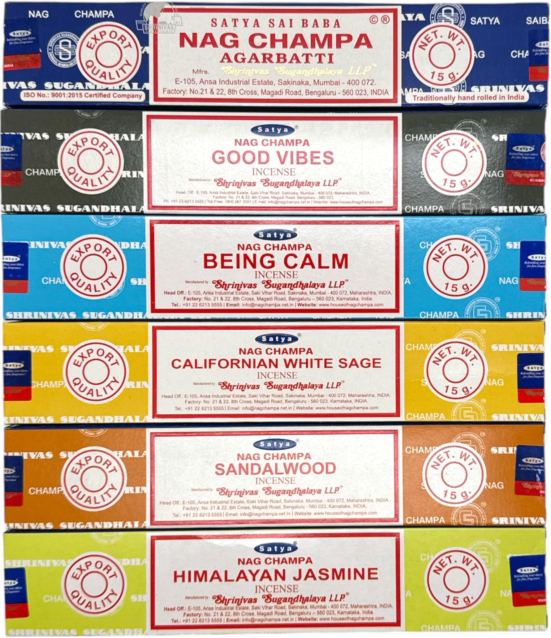 Satya Nag Champa Sandalwood White Sage Good Vibes Jasmine Being Calm - Satya Incense Sticks Assorted Set of 6 Pack (Satya Assorted Pack - 1)