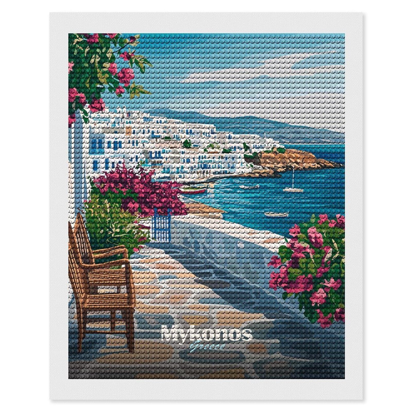 Junmoney Mykonos Greece Landscape Diamond Art Canvas 16"x20", Easy to Follow Symbols, Finish and Display, Fun Craft Experience, Aesthetic Room Decor