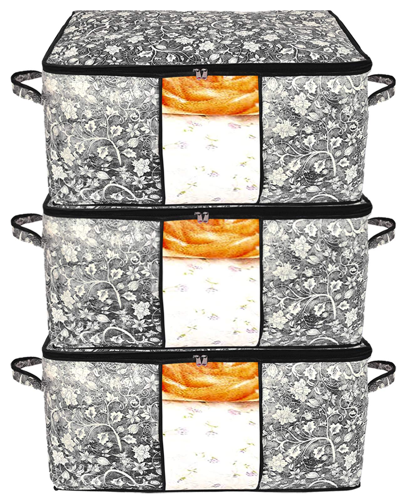 Kuber Industries Metalic Flower Print Foldable Clothes Storage Bag Wardrobe Organizer Non Woven Fabric for Comforters,Blankets,Bedding with Sturdy Zipper,Clear Window (Set of 3,Black)-KUBMART16602-image-10