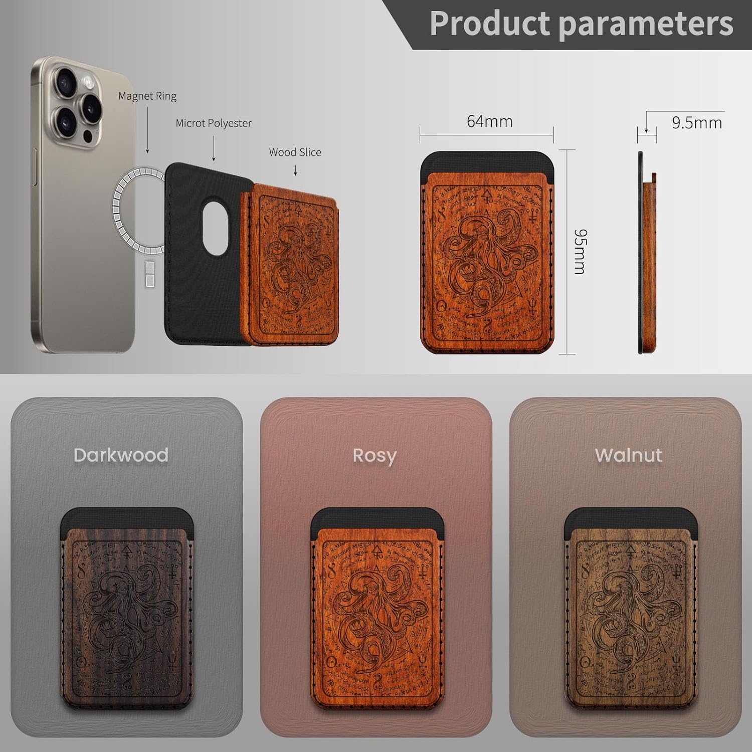 Carveit Designer Wood Wallet, Compatible with MagSafe Wallet, Magnetic Card Holder for iPhone 12/13/14/15/16 Pro Max, for Galaxy S22/S23/S24 Ultra, Pixel 7/8/9 Pro (Octopus - Rosy Wood)