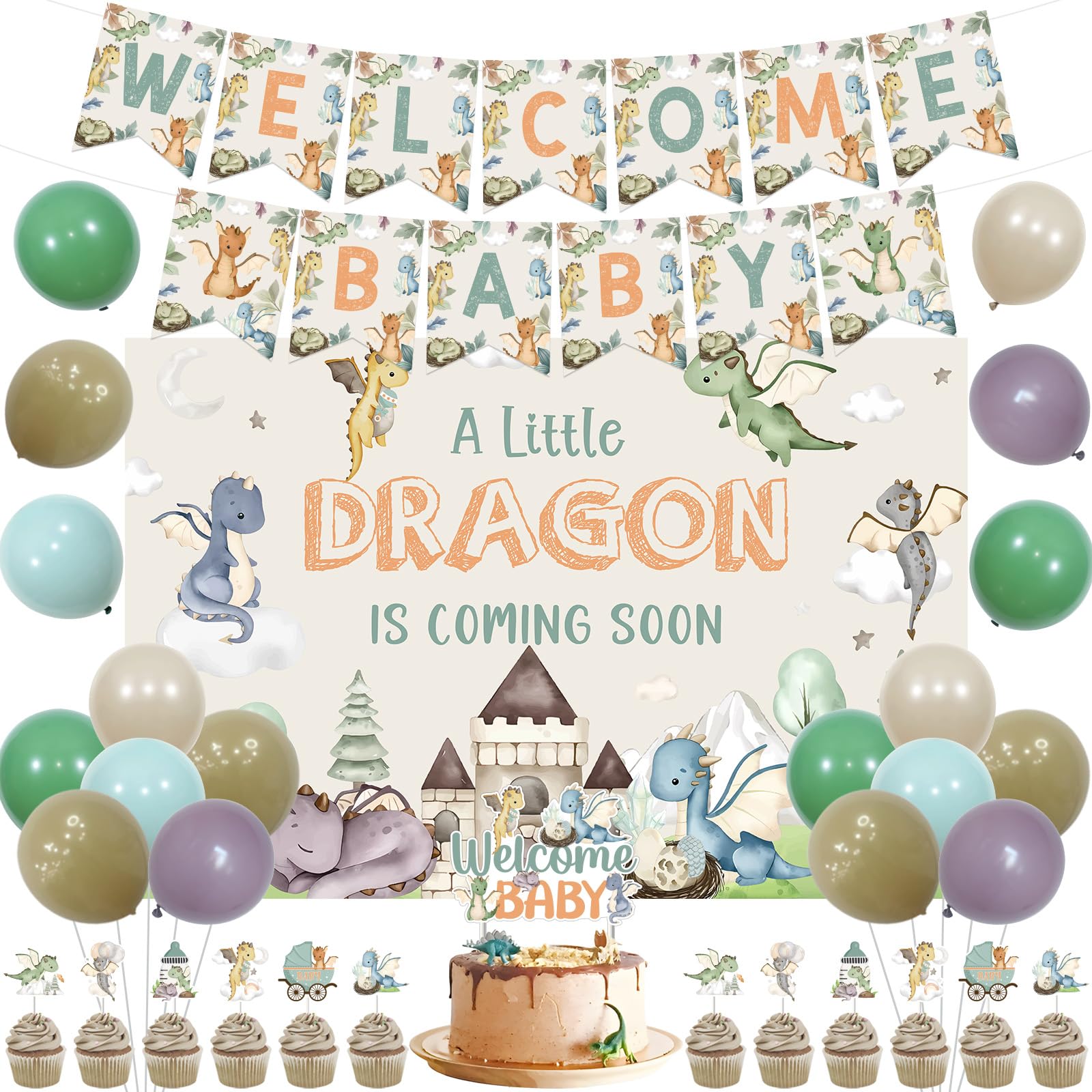 kreat4joy Dragon Baby Shower Decorations, Welcome Baby Shower Decorations Banner Cake Cupcake Toppers Balloons Backdrop for a Little Dragon Is On the