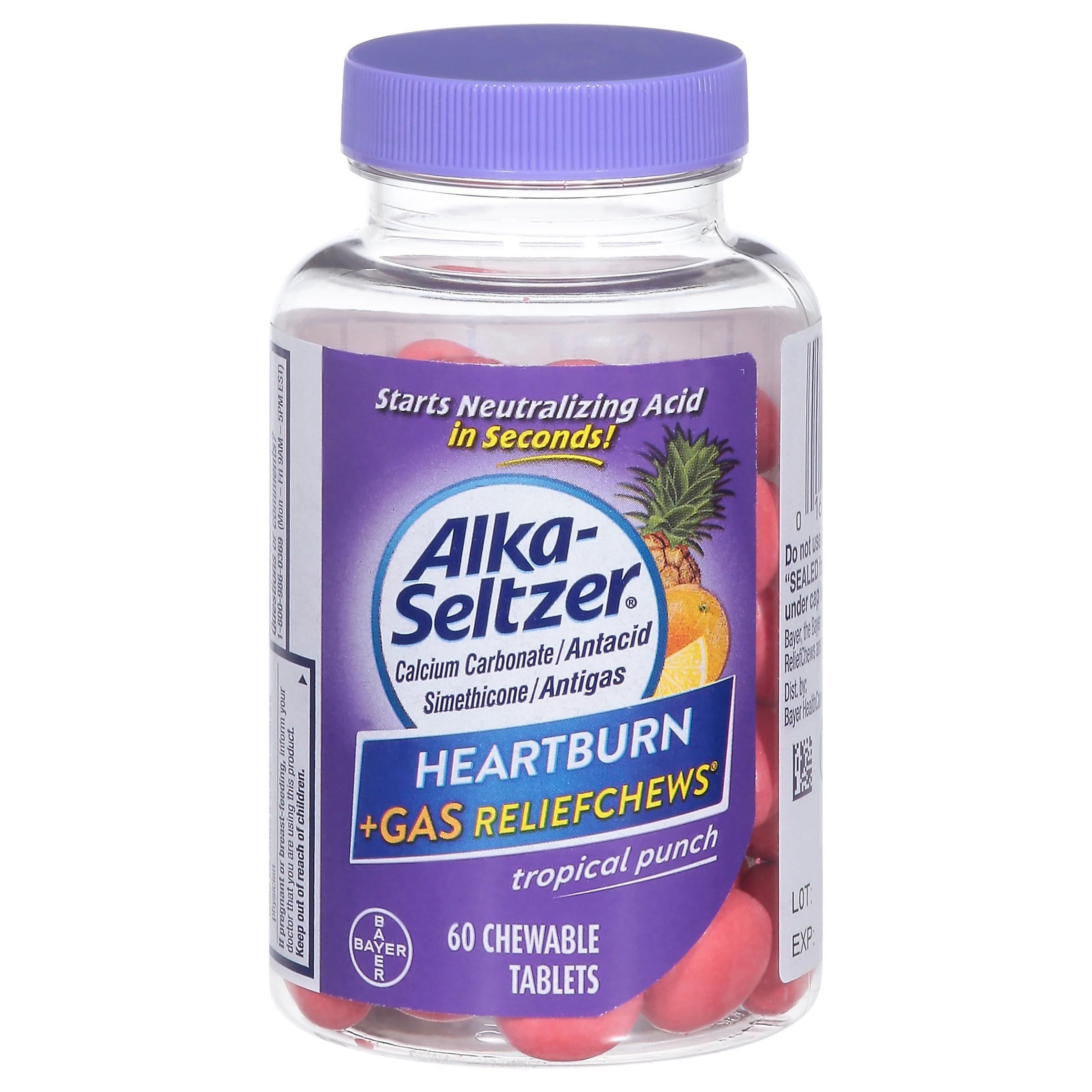Alka-Seltzer Heartburn + Gas ReliefChews - Relief of Heartburn, Gas, Acid Indigestion, and Sour Stomach - Tropical Punch Flavors - 60 Count