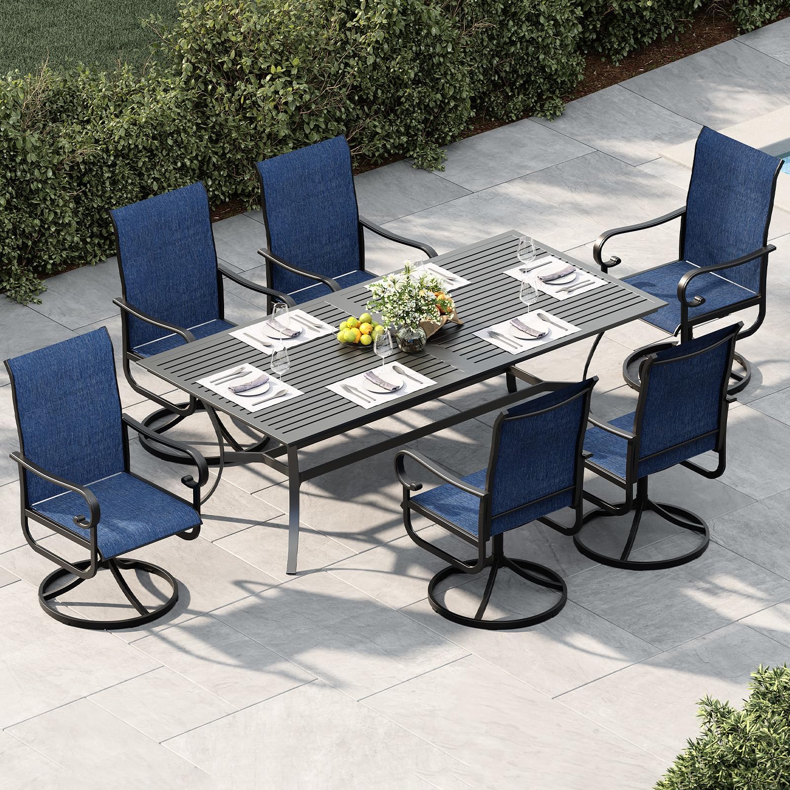 360° Drehbare Gartenstühle 2er Set, Hochlehner Patio Stühle für Außenbereich, Wetterfestes Atmungsaktives Textilene, Stabiler Pulverbeschichteter Metallrahmen, für Terrasse, Balkon, Rasen, Blau