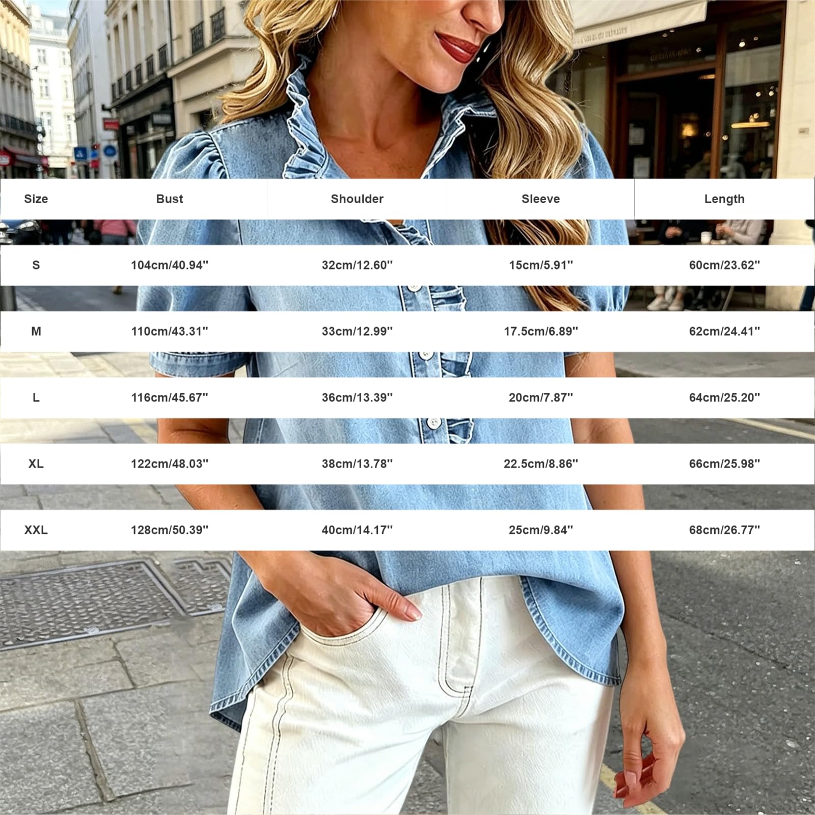 Camisa vaquera de verano para mujer, manga corta abombada, cuello alto, con botones, camisa de cambray, casual, ligera, ajuste regular, traje vaquero