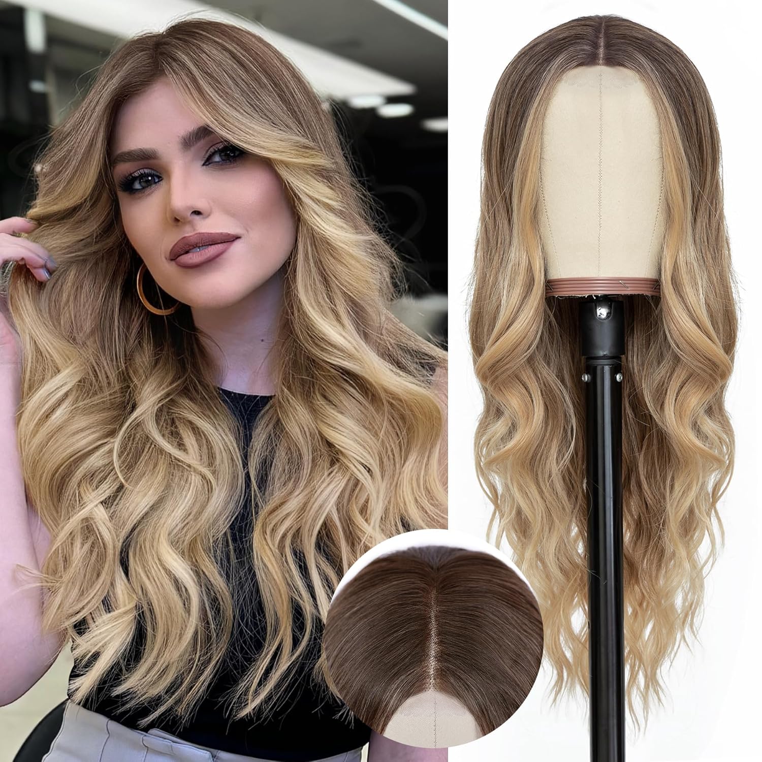 NAYOO Long Ombre Blonde Wavy Wig for Women 26 Inch Middle Part Lace Hairline Curly Wavy Wig Natural Looking Synthetic Heat Resistant Fiber for Daily Party Use 26 Inch-2×4 Lace Ombre Blonde
