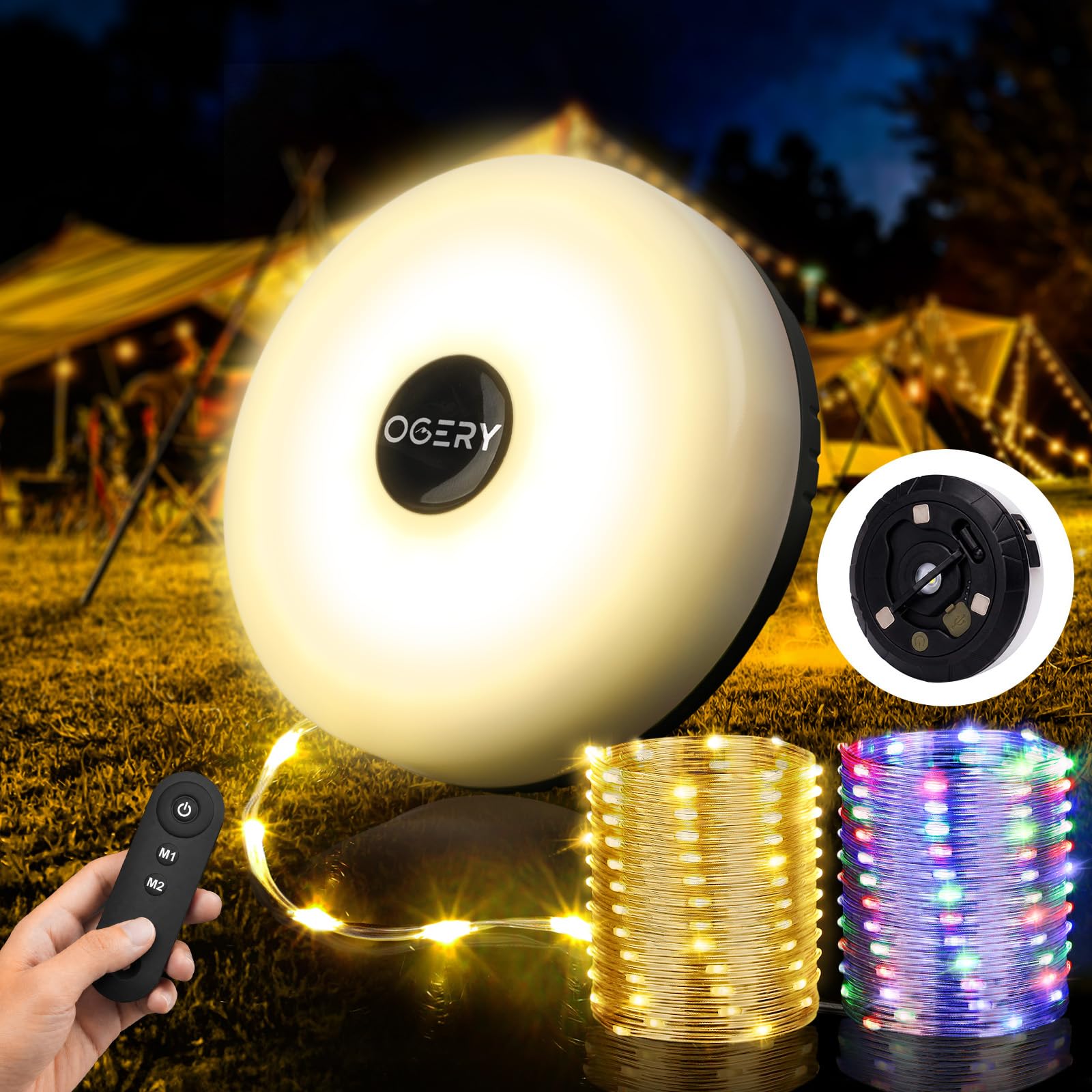 OGERY Cadena de luces de camping con Rmote, almacenamiento rápido 4 en 1 | Cadena de luces recargable para tienda de campaña, linterna portátil LED para exteriores, interiores, patio