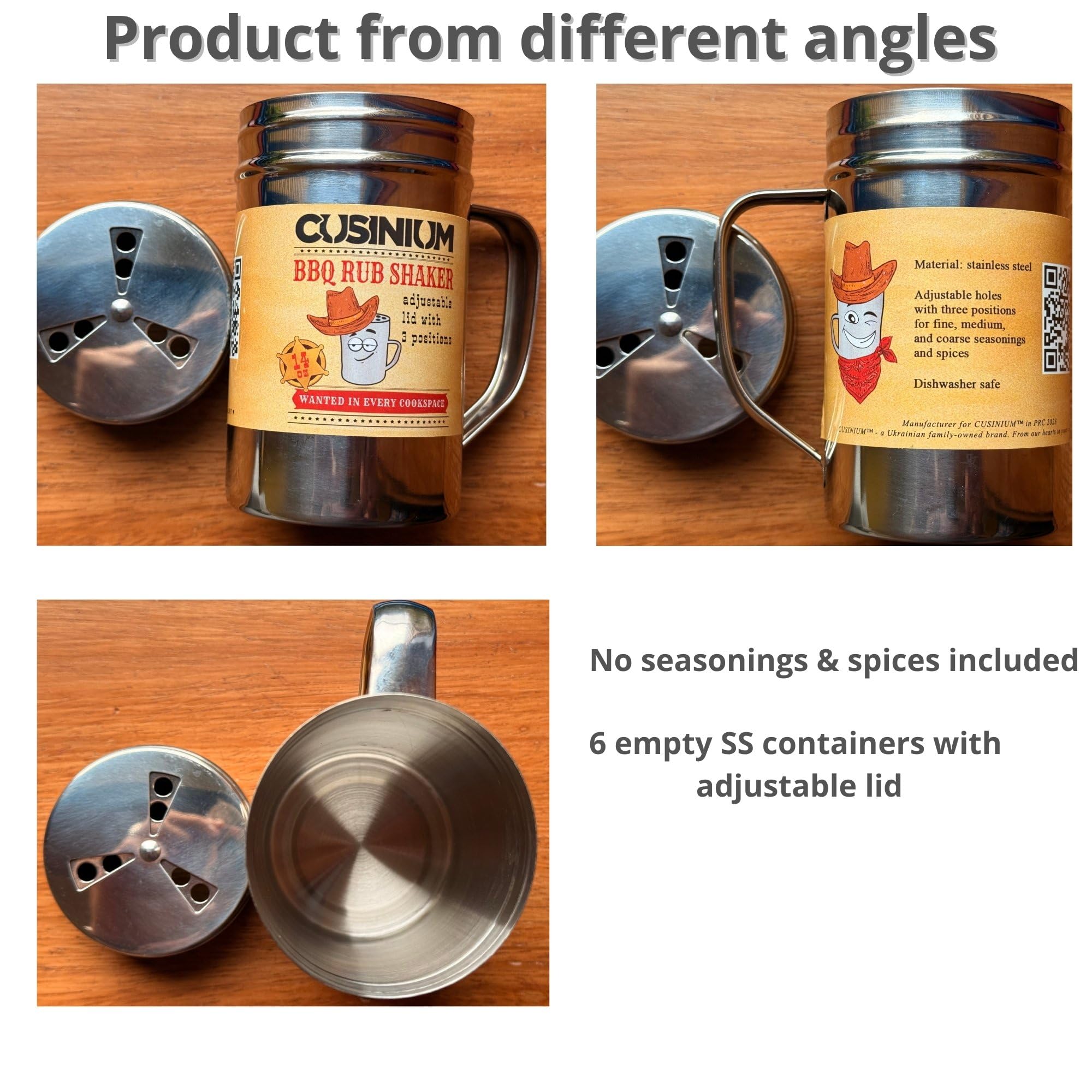 Coctelera de especias para condimentos de 14 onzas, coctelera para barbacoa (con tapa ajustable estilo abanico), paquete de 6