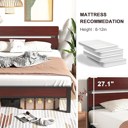 Miniatura 4 de Base de cama con cabecera y estribo de madera, base de cama matrimonial con 13 listones de metal fuertes, almacenamiento debajo de la cama, no